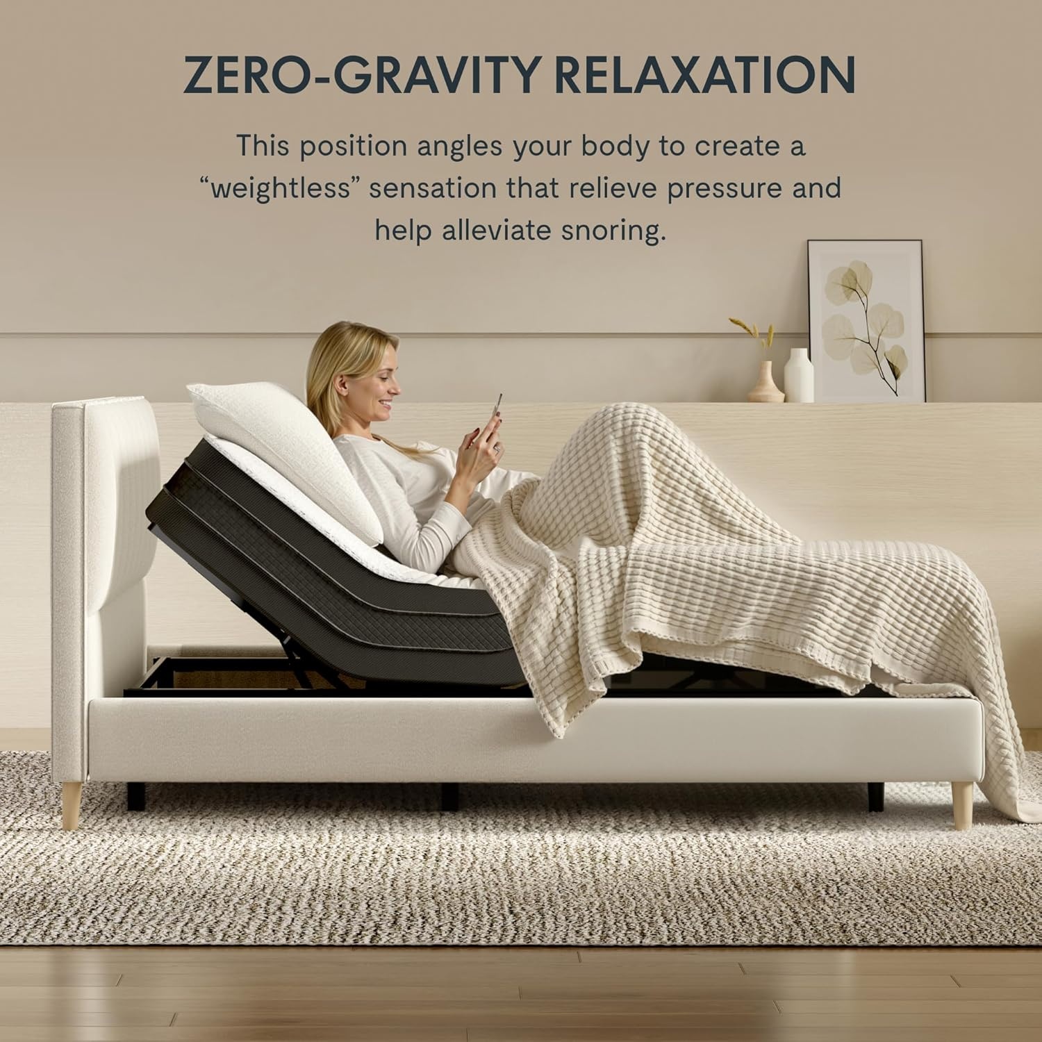 image:imageFLEXISPOT Adjustable Bed Frame Base Queen Head and Foot Incline Zero Gravity OneTouch Flat 2 Memory Settings Wireless Remote Flashlight Whisper Quiet Durable Motor Mattress Holder S2EPROSplit King