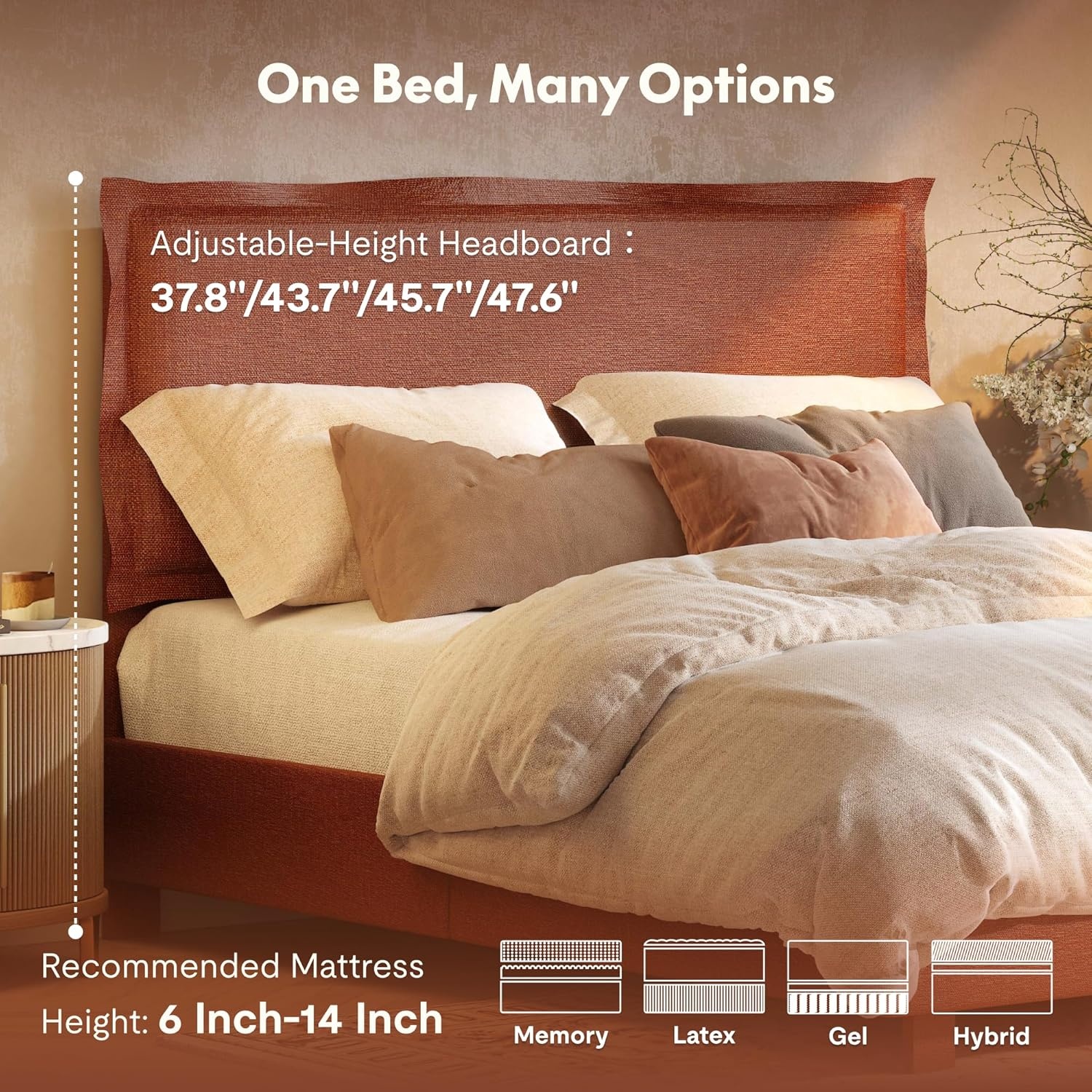 image:imageFLEXISPOT AllInOne Adjustable Bed Frame with Upholstered Flange Edge Headboard Queen Minimalist Design Synchronized Head amp Foot Lift for Relaxation 600 lbs 5Y Motoramp10Y Frame WarrantyOrangeQueenOrange