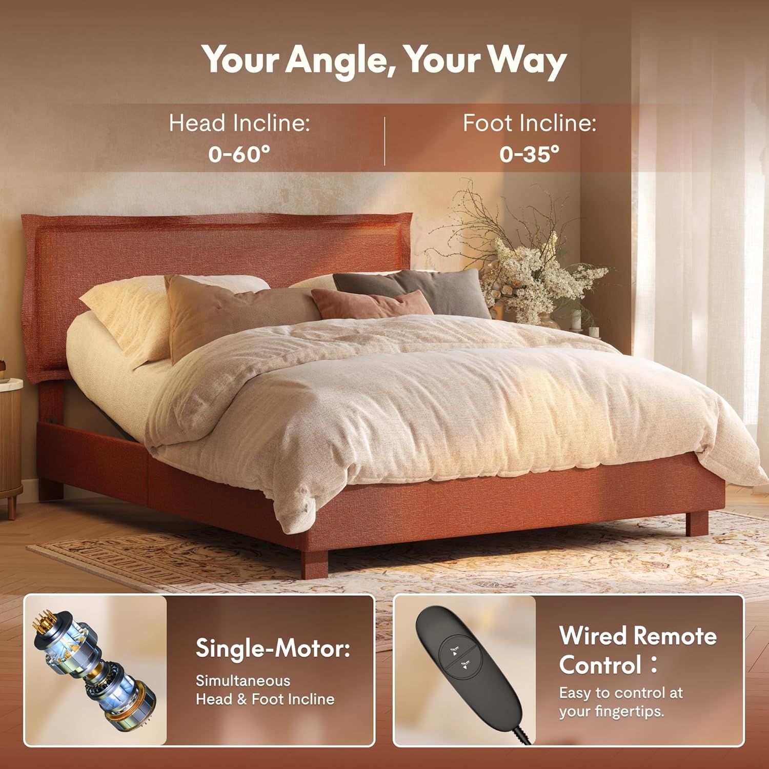 image:imageFLEXISPOT AllInOne Adjustable Bed Frame with Upholstered Flange Edge Headboard Queen Minimalist Design Synchronized Head amp Foot Lift for Relaxation 600 lbs 5Y Motoramp10Y Frame WarrantyOrangeQueenOrange