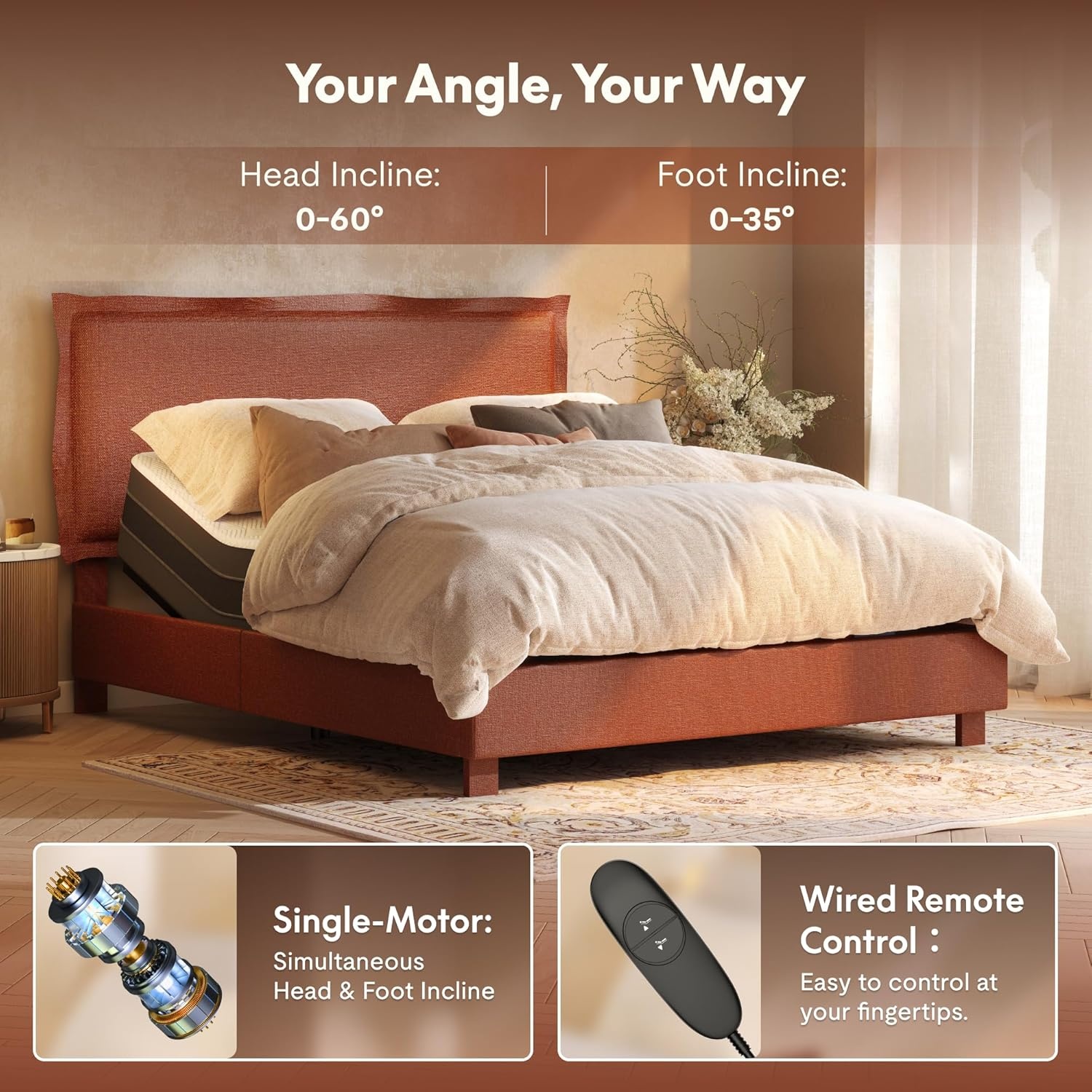 image:imageFLEXISPOT AllInOne Adjustable Bed Frame with Upholstered Flange Edge Headboard Queen Minimalist Design Synchronized Head amp Foot Lift for Relaxation 600 lbs 5Y Motoramp10Y Frame WarrantyOrangeQueenOrange