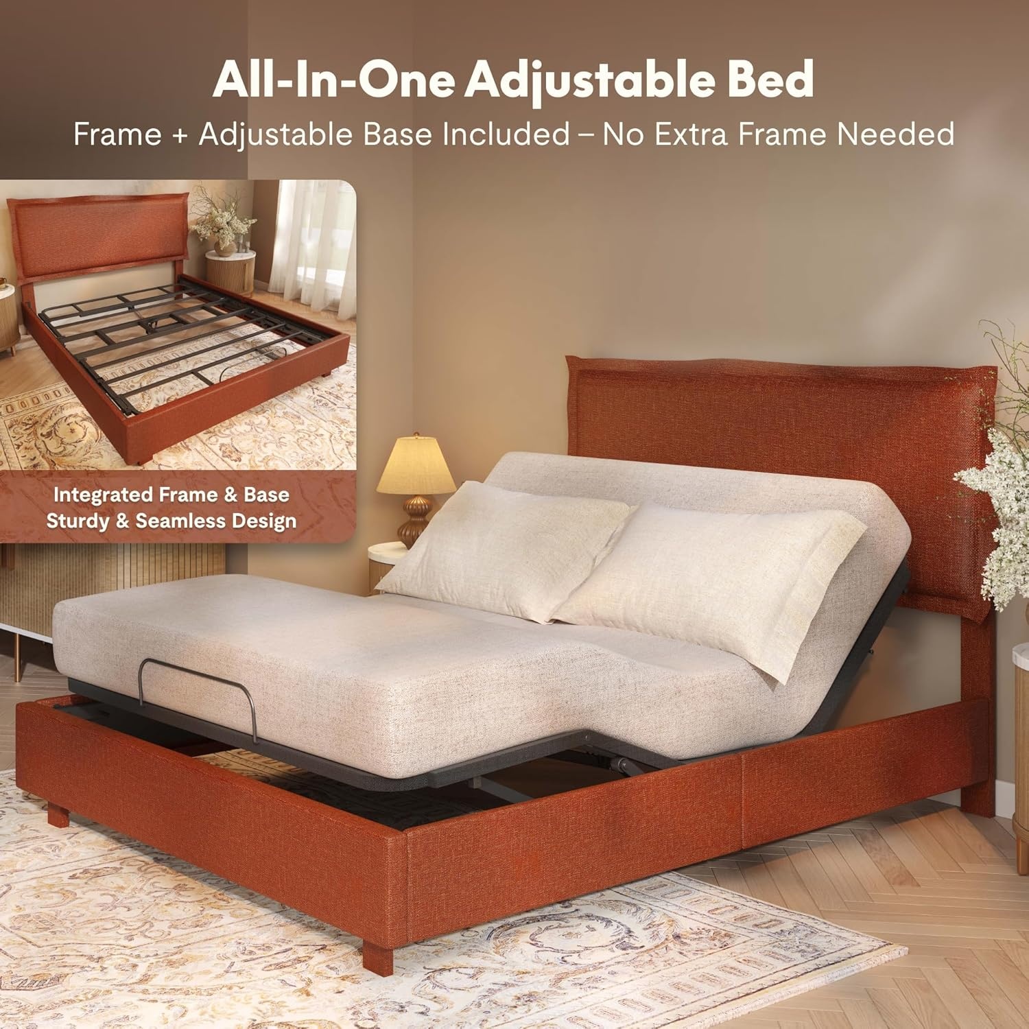 image:imageFLEXISPOT AllInOne Adjustable Bed Frame with Upholstered Flange Edge Headboard Queen Minimalist Design Synchronized Head amp Foot Lift for Relaxation 600 lbs 5Y Motoramp10Y Frame WarrantyOrangeQueenOrange