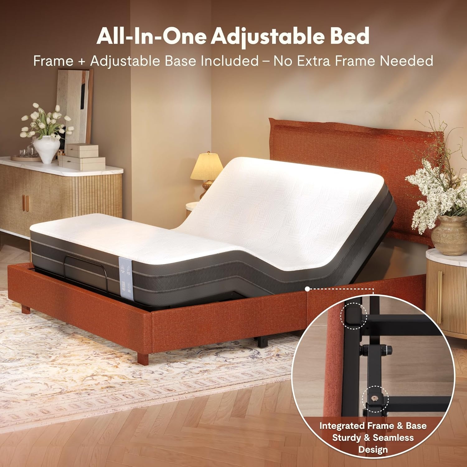 image:imageFLEXISPOT AllInOne Adjustable Bed Frame with Upholstered Flange Edge Headboard Queen Minimalist Design Synchronized Head amp Foot Lift for Relaxation 600 lbs 5Y Motoramp10Y Frame WarrantyOrangeQueenOrange