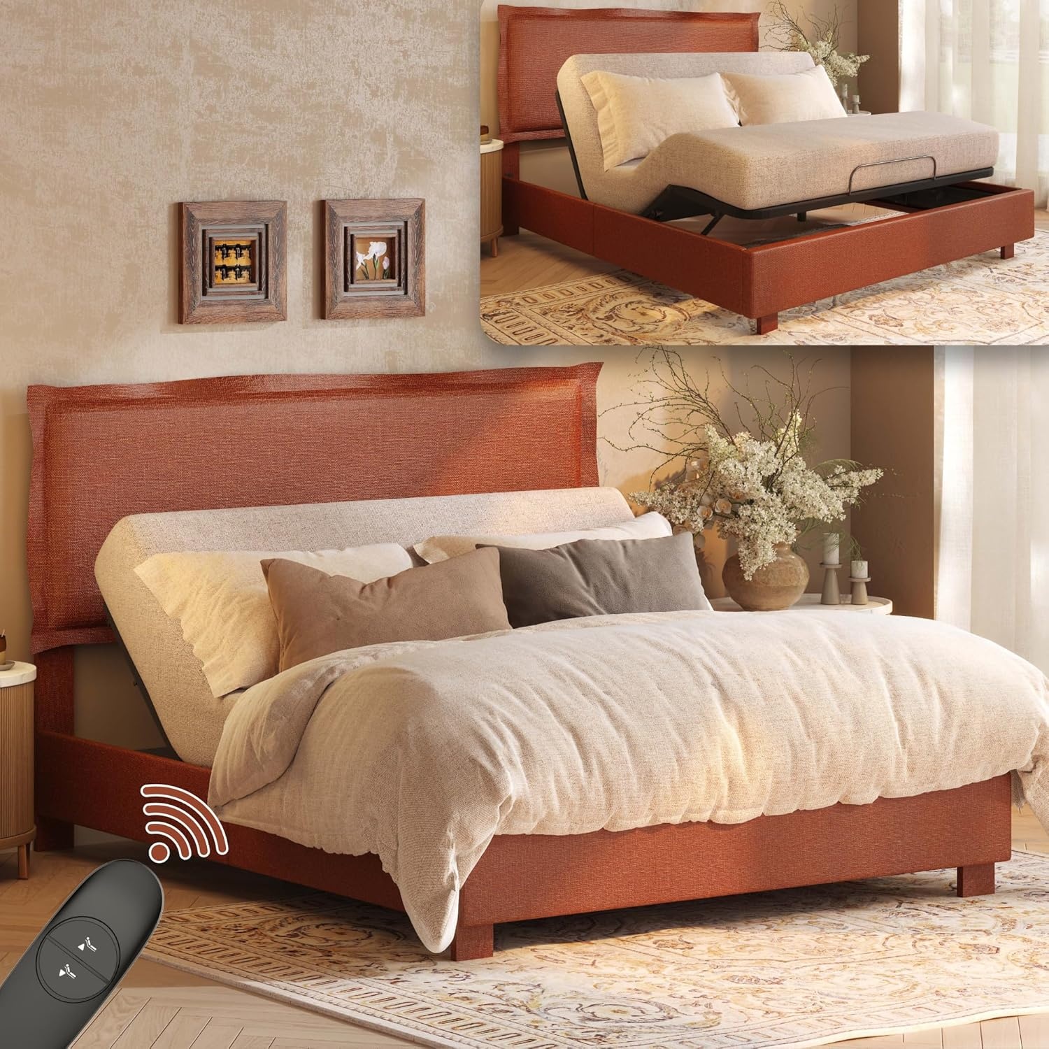 image:imageFLEXISPOT AllInOne Adjustable Bed Frame with Upholstered Flange Edge Headboard Queen Minimalist Design Synchronized Head amp Foot Lift for Relaxation 600 lbs 5Y Motoramp10Y Frame WarrantyOrangeQueenOrange