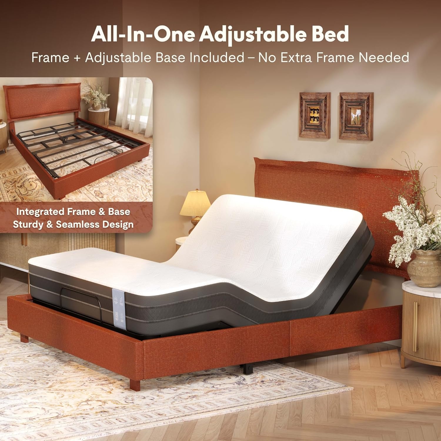 image:imageFLEXISPOT AllInOne Adjustable Bed Frame with Upholstered Flange Edge Headboard Queen Minimalist Design Synchronized Head amp Foot Lift for Relaxation 600 lbs 5Y Motoramp10Y Frame WarrantyOrangeQueenOrange