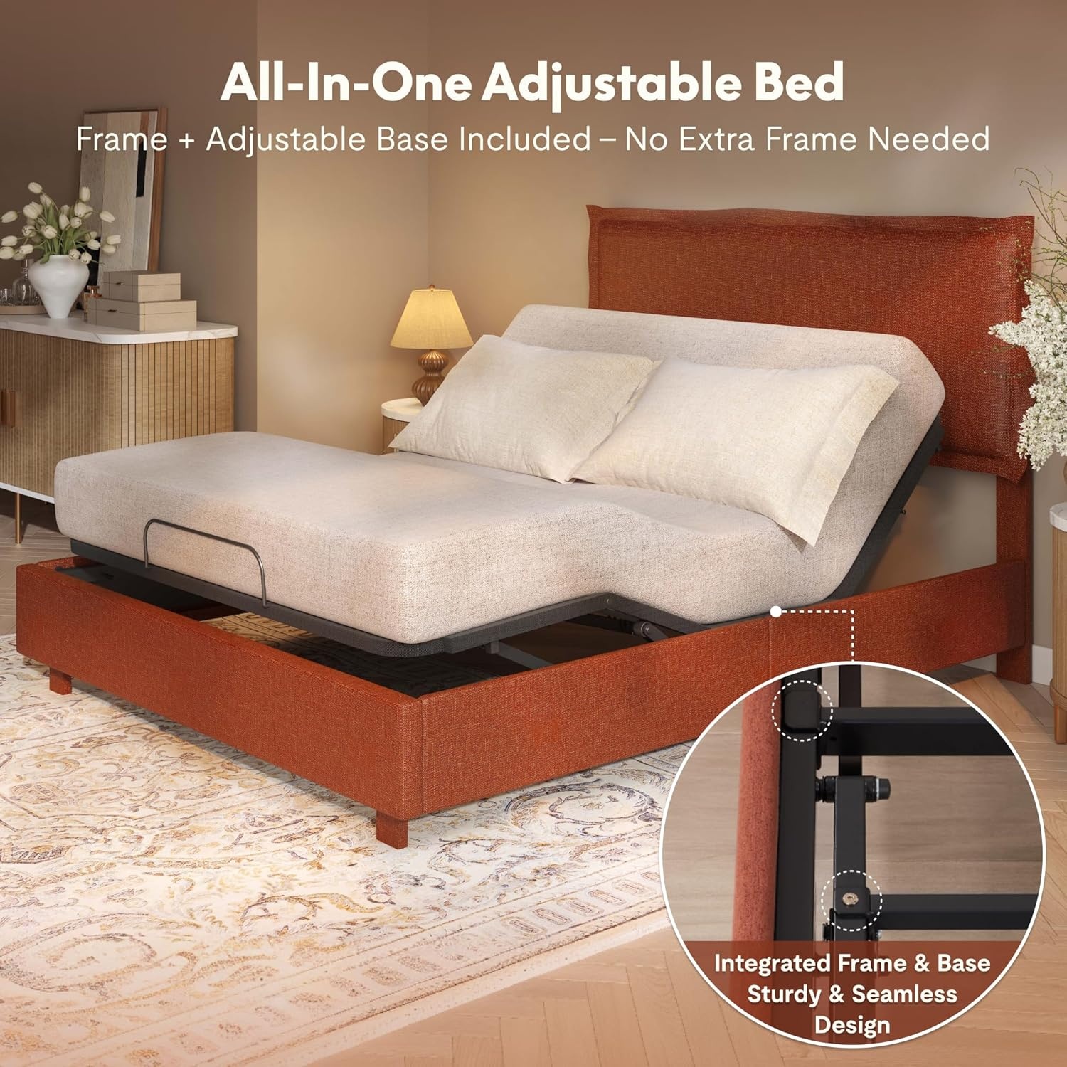 image:imageFLEXISPOT AllInOne Adjustable Bed Frame with Upholstered Flange Edge Headboard Queen Minimalist Design Synchronized Head amp Foot Lift for Relaxation 600 lbs 5Y Motoramp10Y Frame WarrantyOrangeQueenOrange