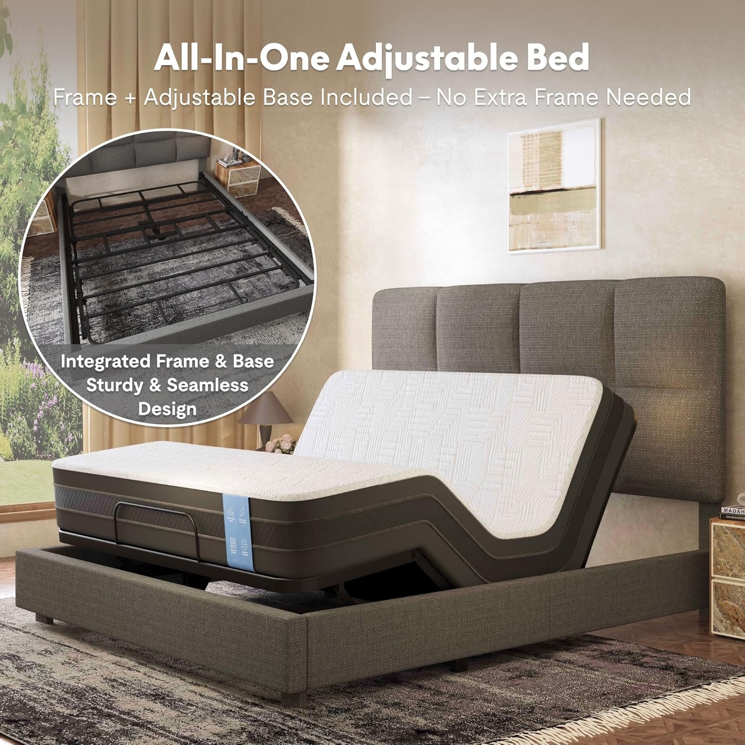 image:imageFLEXISPOT AllinOne Adjustable Bed QueenModern Minimalist DesignSynchronized Head amp Foot Lift for Reading TV amp RelaxationSquare Tufted Headboard600 lbs5Y Motor amp 10Y Frame WarrantyQueenDark Grey