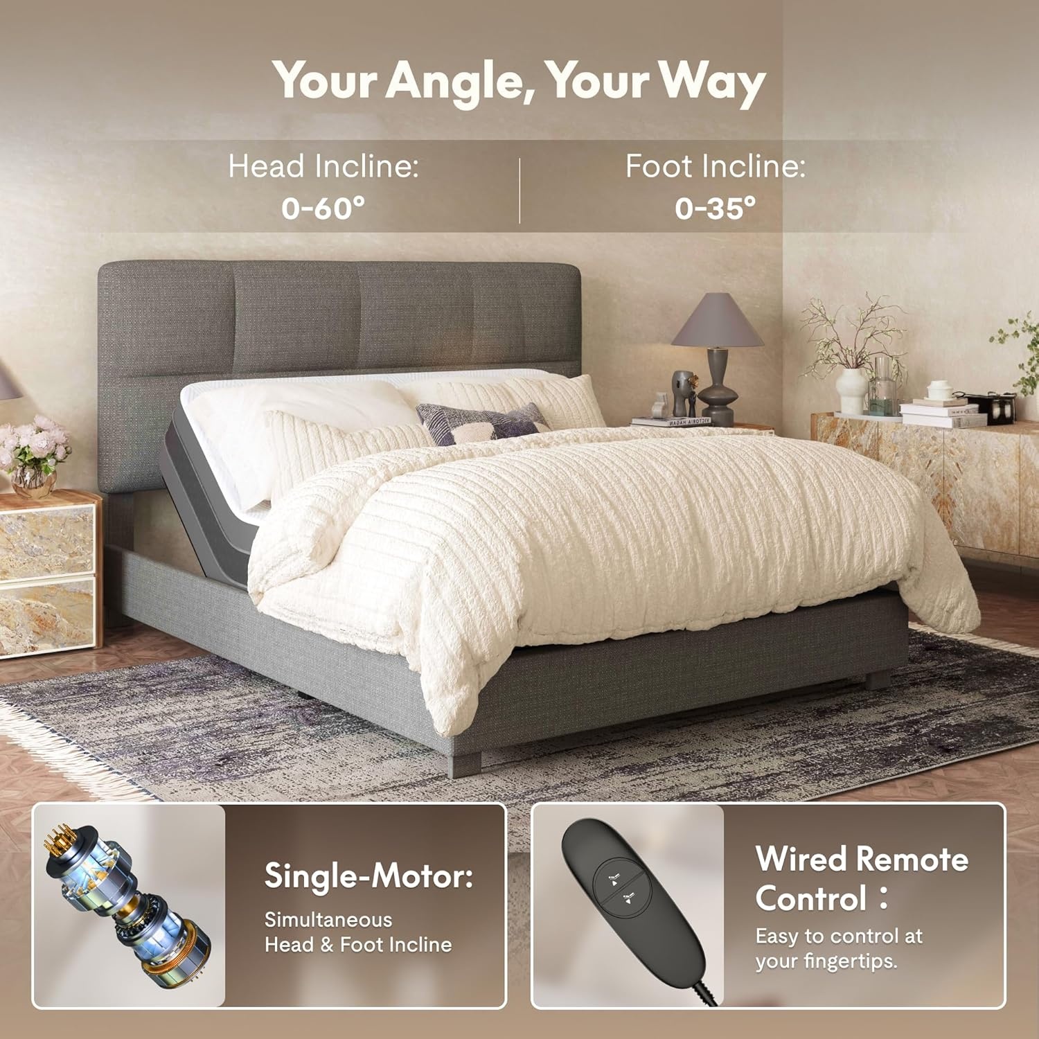 image:imageFLEXISPOT AllinOne Adjustable Bed QueenModern Minimalist DesignSynchronized Head amp Foot Lift for Reading TV amp RelaxationSquare Tufted Headboard600 lbs5Y Motor amp 10Y Frame WarrantyQueenDark Grey