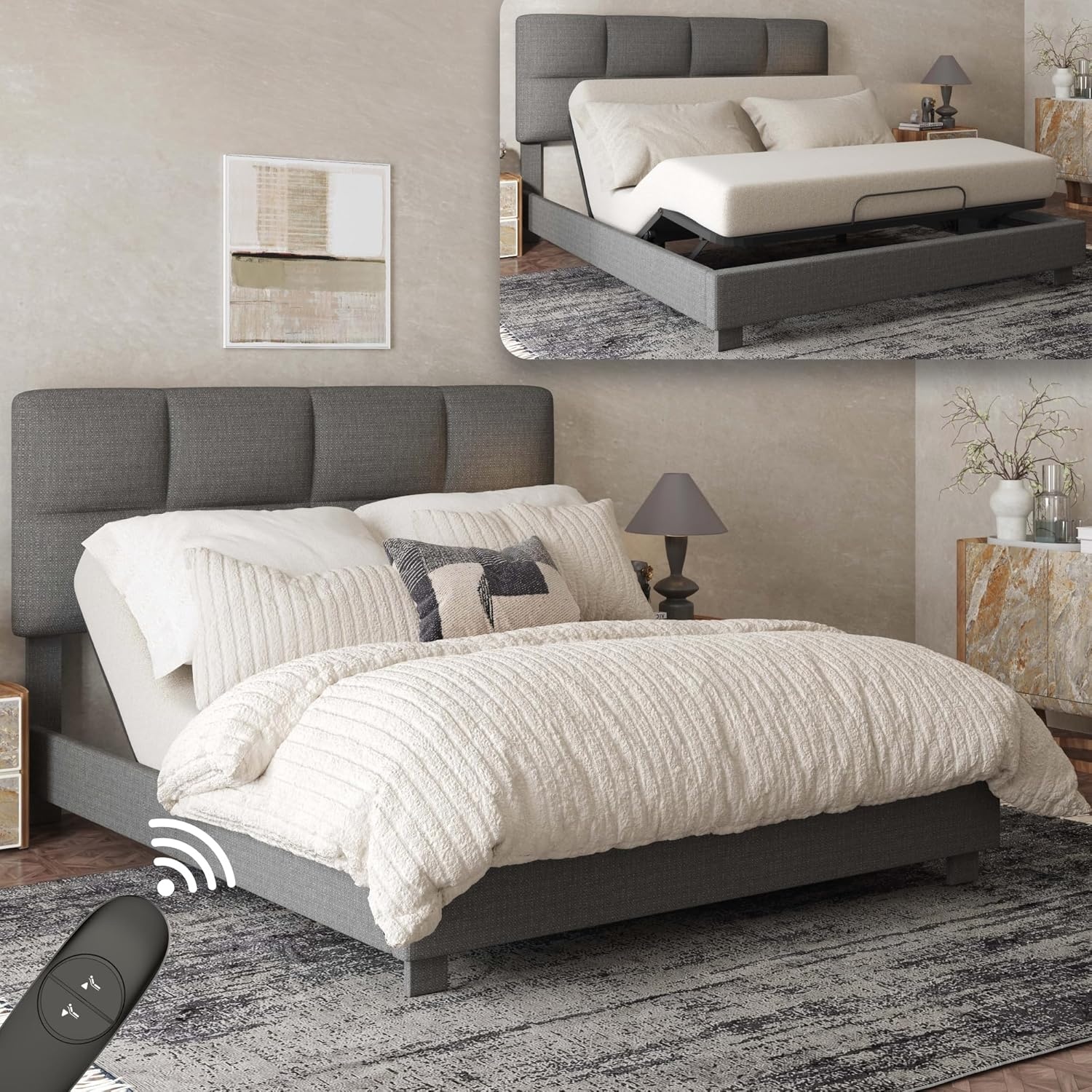 image:imageFLEXISPOT AllinOne Adjustable Bed QueenModern Minimalist DesignSynchronized Head amp Foot Lift for Reading TV amp RelaxationSquare Tufted Headboard600 lbs5Y Motor amp 10Y Frame WarrantyQueenDark Grey