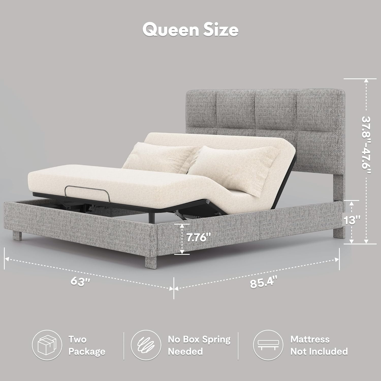 image:imageFLEXISPOT AllinOne Adjustable Bed QueenModern Minimalist DesignSynchronized Head amp Foot Lift for Reading TV amp RelaxationSquare Tufted Headboard600 lbs5Y Motor amp 10Y Frame WarrantyQueenLight Grey