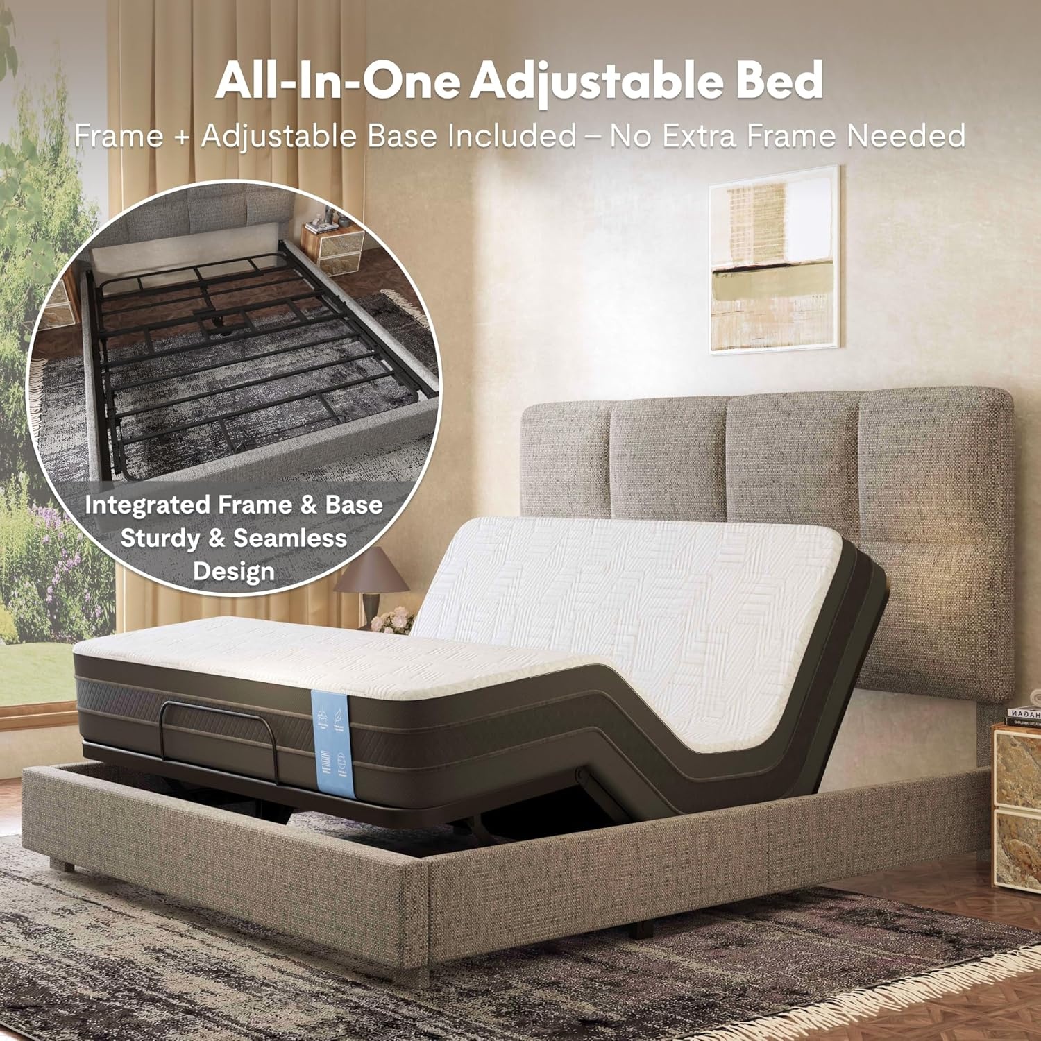 image:imageFLEXISPOT AllinOne Adjustable Bed QueenModern Minimalist DesignSynchronized Head amp Foot Lift for Reading TV amp RelaxationSquare Tufted Headboard600 lbs5Y Motor amp 10Y Frame WarrantyQueenLight Grey