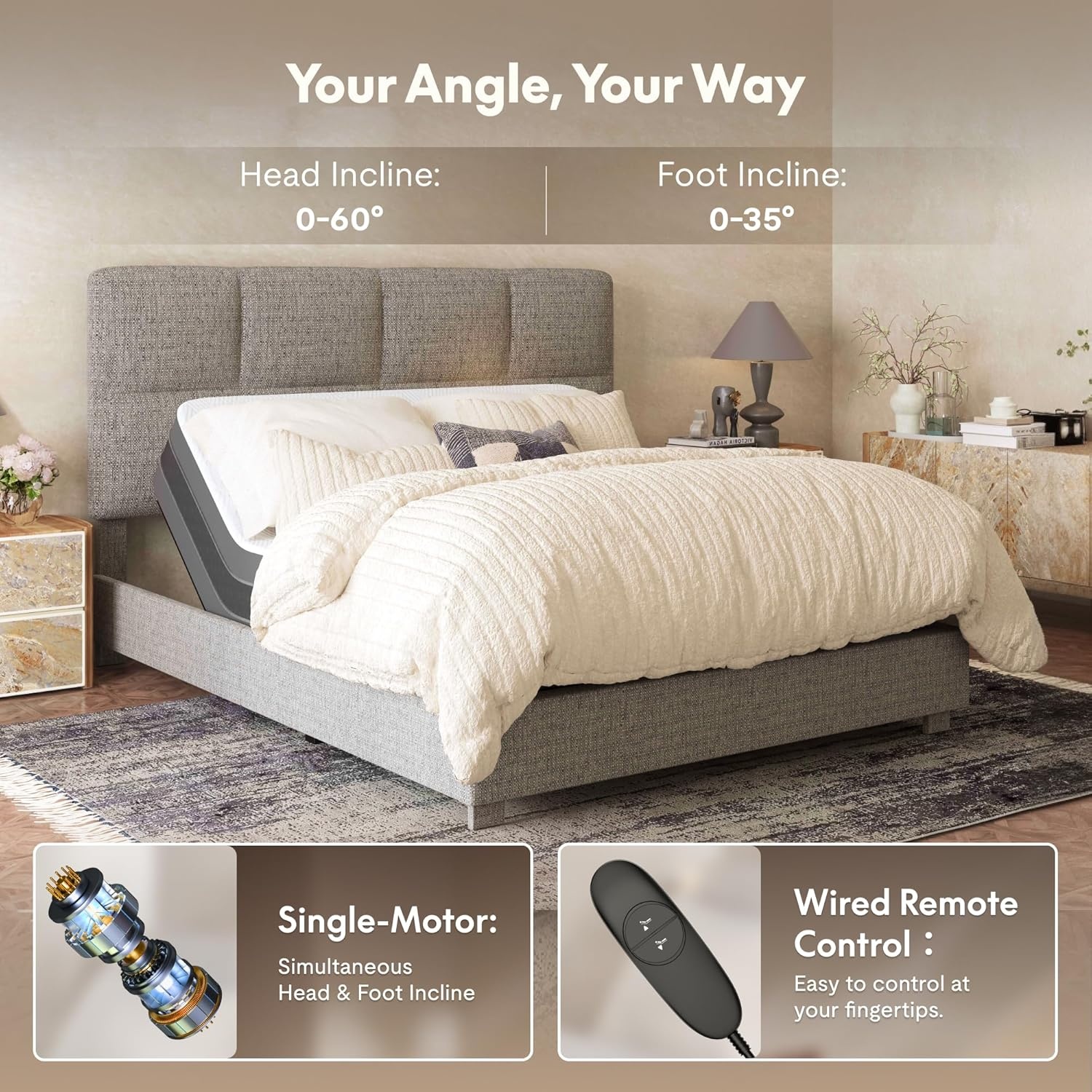 image:imageFLEXISPOT AllinOne Adjustable Bed QueenModern Minimalist DesignSynchronized Head amp Foot Lift for Reading TV amp RelaxationSquare Tufted Headboard600 lbs5Y Motor amp 10Y Frame WarrantyQueenLight Grey