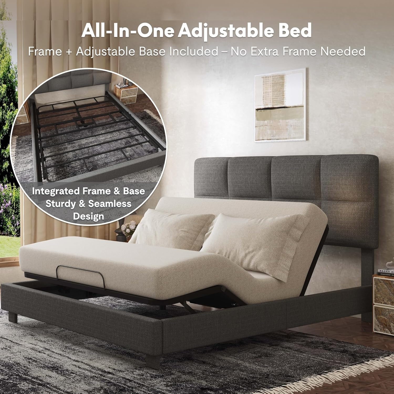 image:imageFLEXISPOT AllinOne Adjustable Bed QueenModern Minimalist DesignSynchronized Head amp Foot Lift for Reading TV amp RelaxationSquare Tufted Headboard600 lbs5Y Motor amp 10Y Frame WarrantyQueenDark Grey