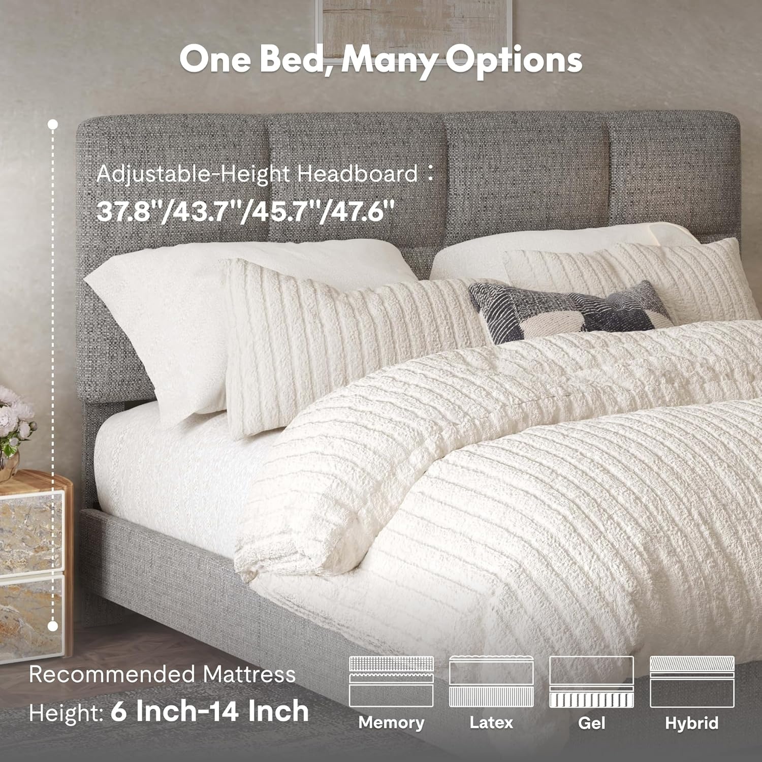 image:imageFLEXISPOT AllinOne Adjustable Bed QueenModern Minimalist DesignSynchronized Head amp Foot Lift for Reading TV amp RelaxationSquare Tufted Headboard600 lbs5Y Motor amp 10Y Frame WarrantyQueenLight Grey