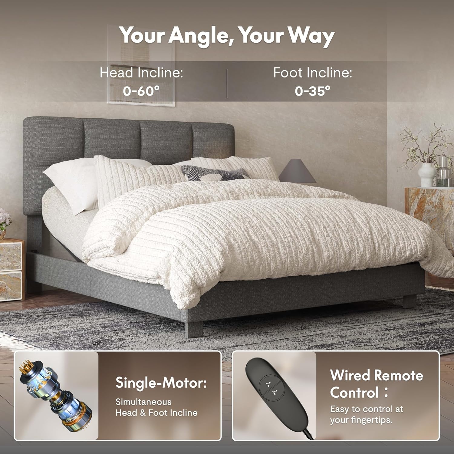 image:imageFLEXISPOT AllinOne Adjustable Bed QueenModern Minimalist DesignSynchronized Head amp Foot Lift for Reading TV amp RelaxationSquare Tufted Headboard600 lbs5Y Motor amp 10Y Frame WarrantyQueenDark Grey