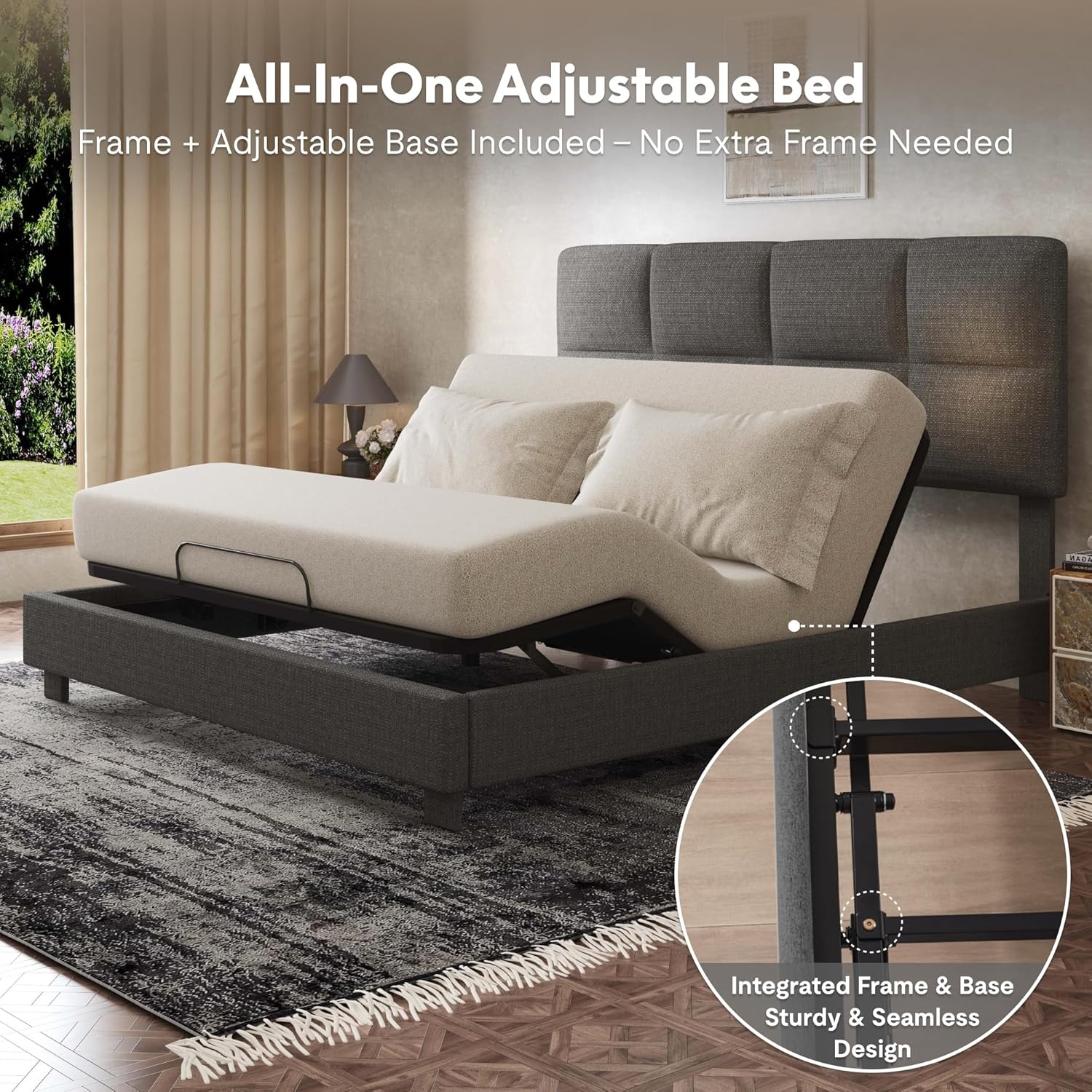 image:imageFLEXISPOT AllinOne Adjustable Bed QueenModern Minimalist DesignSynchronized Head amp Foot Lift for Reading TV amp RelaxationSquare Tufted Headboard600 lbs5Y Motor amp 10Y Frame WarrantyQueenDark Grey