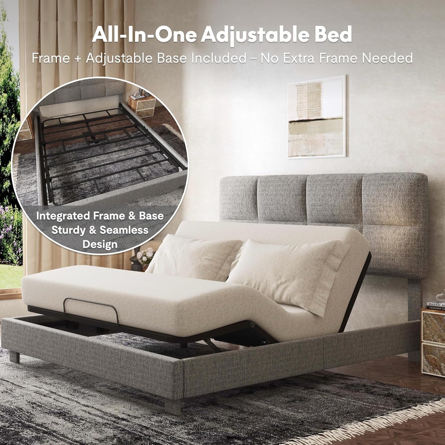 image:imageFLEXISPOT AllinOne Adjustable Bed QueenModern Minimalist DesignSynchronized Head amp Foot Lift for Reading TV amp RelaxationSquare Tufted Headboard600 lbs5Y Motor amp 10Y Frame WarrantyQueenLight Grey