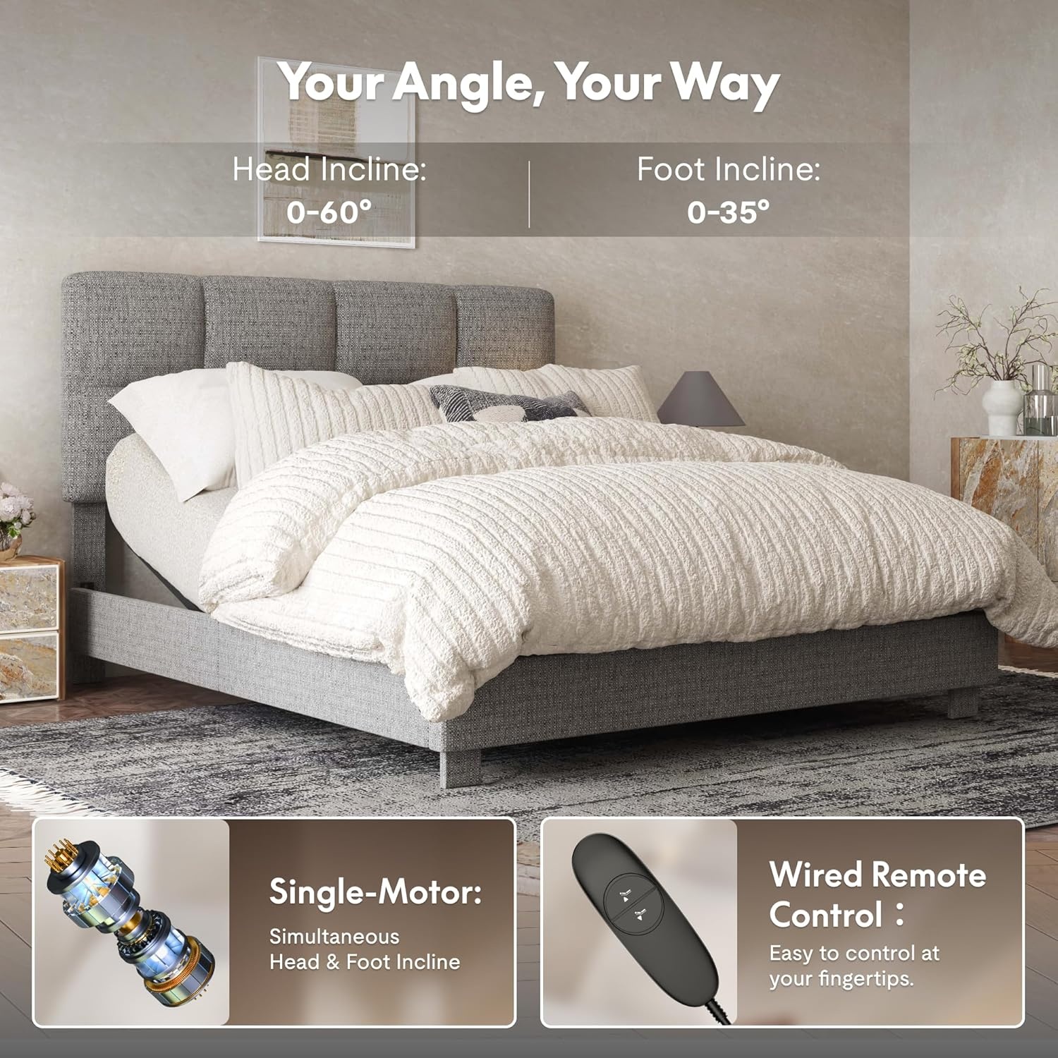 image:imageFLEXISPOT AllinOne Adjustable Bed QueenModern Minimalist DesignSynchronized Head amp Foot Lift for Reading TV amp RelaxationSquare Tufted Headboard600 lbs5Y Motor amp 10Y Frame WarrantyQueenLight Grey