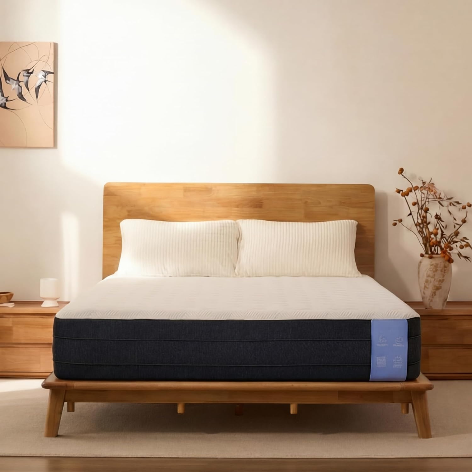 image:imageFLEXISPOT Hako G1 Solid Wood Platform Bed Frame QueenRubberwoodToolFree AssemblyLow Profile FloatingStorage ShelfampCharging StationModern Scandinavian Japanese MinimalistHeavy DutyNatural OakQueen415 Headboard