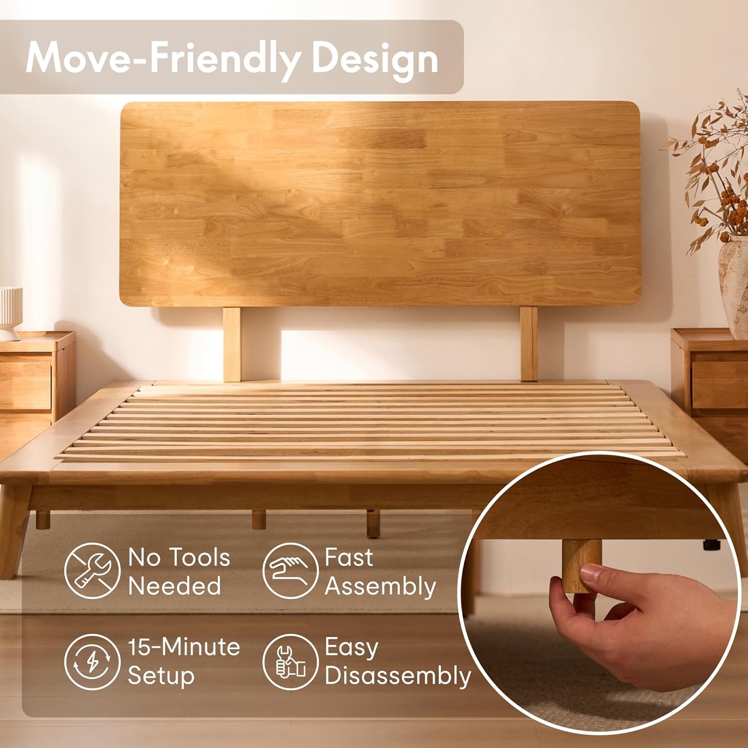 image:imageFLEXISPOT Hako G1 Solid Wood Platform Bed Frame QueenRubberwoodToolFree AssemblyLow Profile FloatingStorage ShelfampCharging StationModern Scandinavian Japanese MinimalistHeavy DutyNatural OakQueen415 Headboard