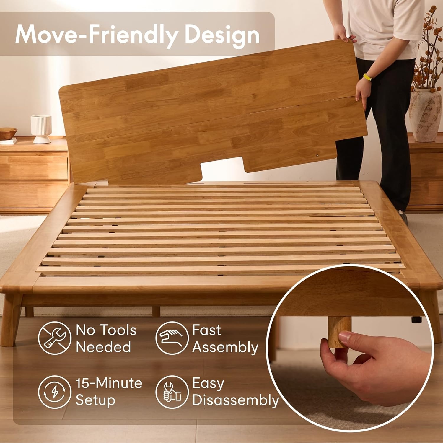 image:imageFLEXISPOT Hako G1 Solid Wood Platform Bed Frame QueenRubberwoodToolFree AssemblyLow Profile FloatingStorage ShelfampCharging StationModern Scandinavian Japanese MinimalistHeavy DutyNatural OakQueen293 Headboard