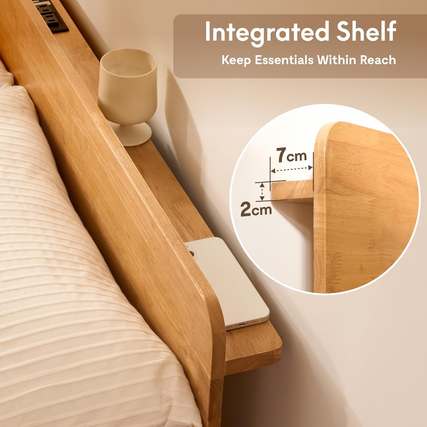 image:imageFLEXISPOT Hako G1 Solid Wood Platform Bed Frame QueenRubberwoodToolFree AssemblyLow Profile FloatingStorage ShelfampCharging StationModern Scandinavian Japanese MinimalistHeavy DutyNatural OakQueen293 Headboard