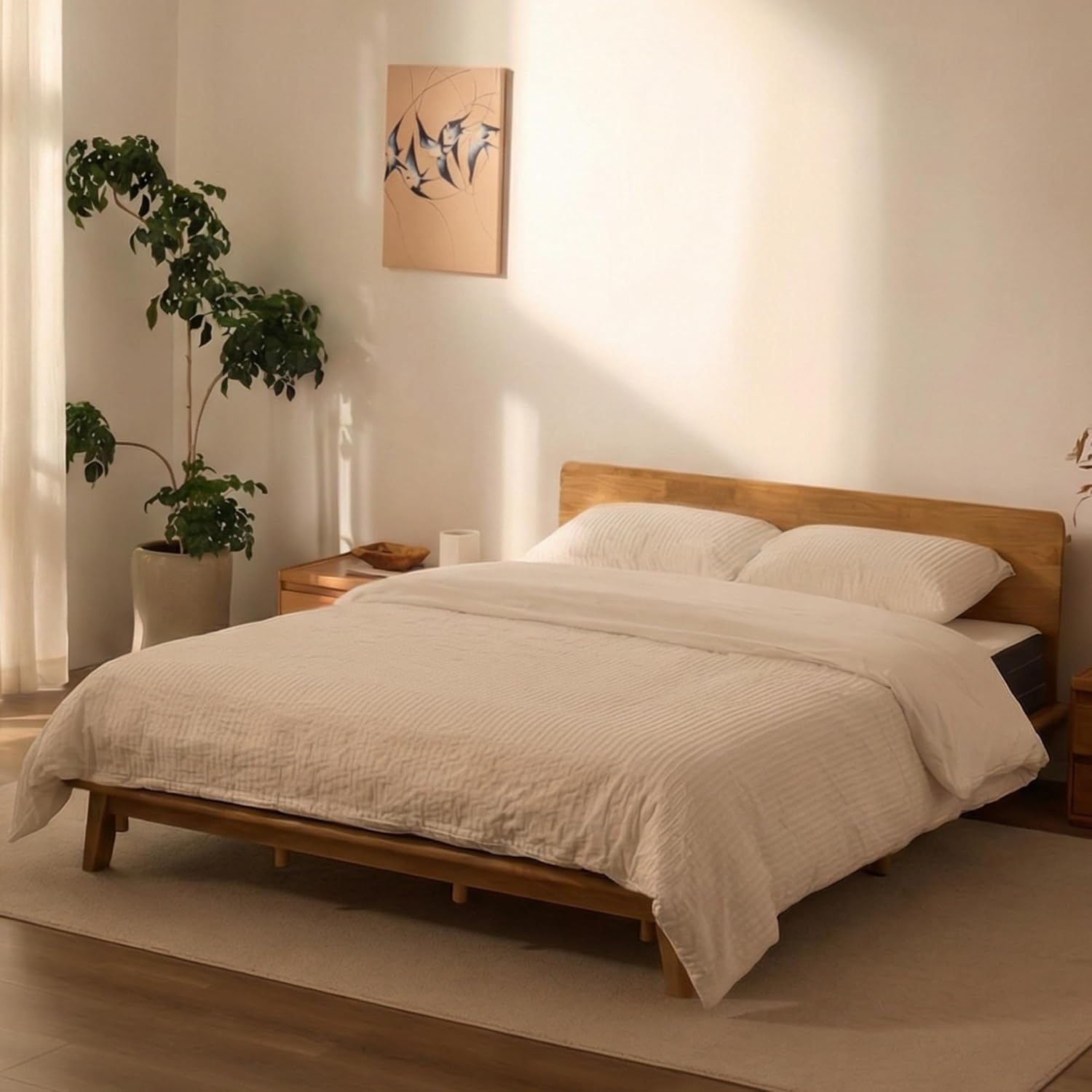 image:imageFLEXISPOT Hako G1 Solid Wood Platform Bed Frame QueenRubberwoodToolFree AssemblyLow Profile FloatingStorage ShelfampCharging StationModern Scandinavian Japanese MinimalistHeavy DutyNatural OakQueen293 Headboard