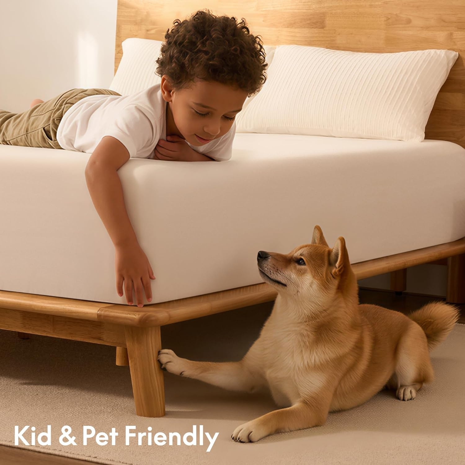 image:imageFLEXISPOT Hako G1 Solid Wood Platform Bed Frame QueenRubberwoodToolFree AssemblyLow Profile FloatingStorage ShelfampCharging StationModern Scandinavian Japanese MinimalistHeavy DutyNatural OakKing415 Headboard