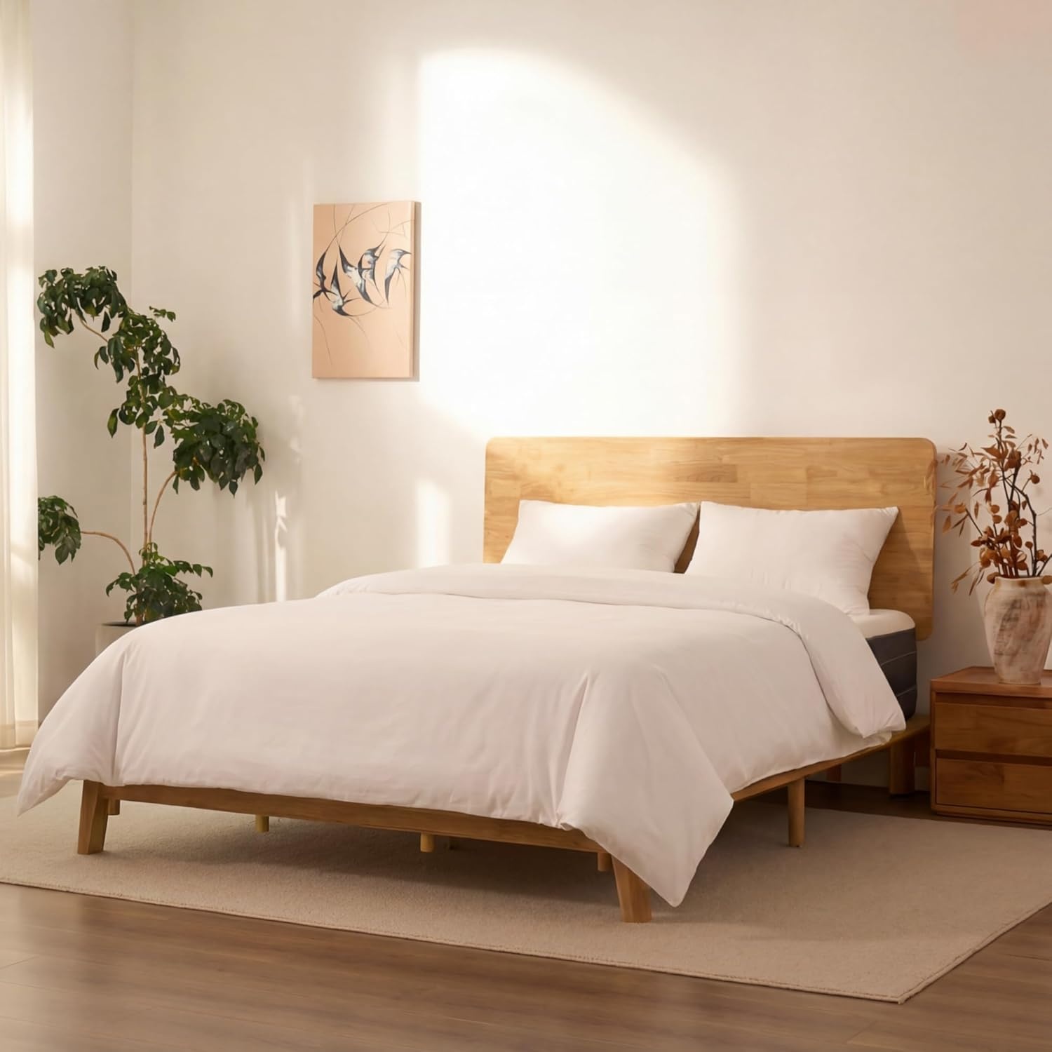 image:imageFLEXISPOT Hako G1 Solid Wood Platform Bed Frame QueenRubberwoodToolFree AssemblyLow Profile FloatingStorage ShelfampCharging StationModern Scandinavian Japanese MinimalistHeavy DutyNatural OakQueen415 Headboard