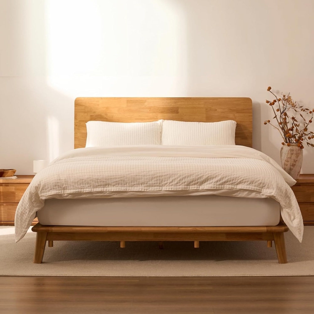 image:imageFLEXISPOT Hako G1 Solid Wood Platform Bed Frame QueenRubberwoodToolFree AssemblyLow Profile FloatingStorage ShelfampCharging StationModern Scandinavian Japanese MinimalistHeavy DutyNatural OakQueen415 Headboard