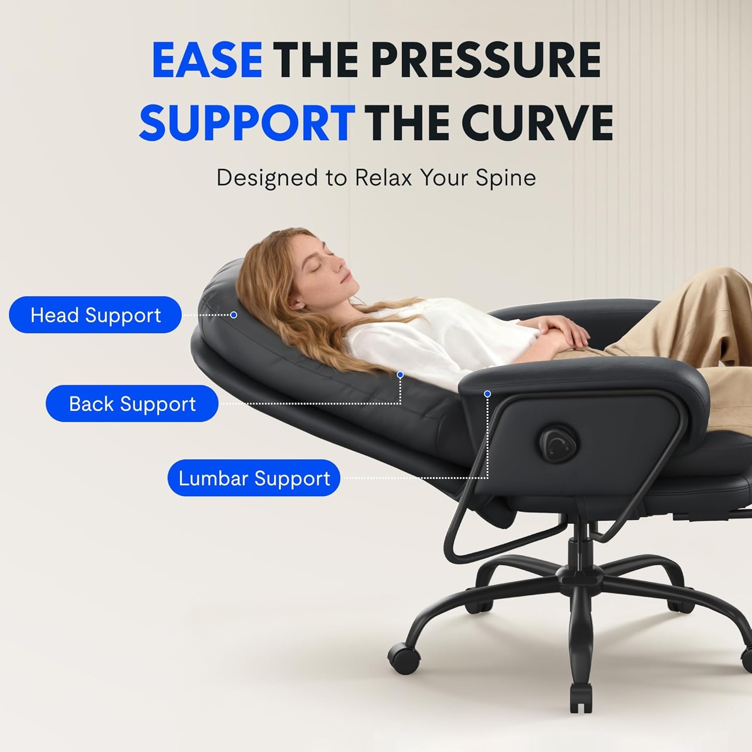 image:imageFLEXISPOT 2in1 Chaise Lounge Chair Indoor with Wheels Footrest 90165 Reclining Lumbar Support Home Office Chairs for Living Room Bedroom Study Relaxing Working PU Leather Black HC4Black