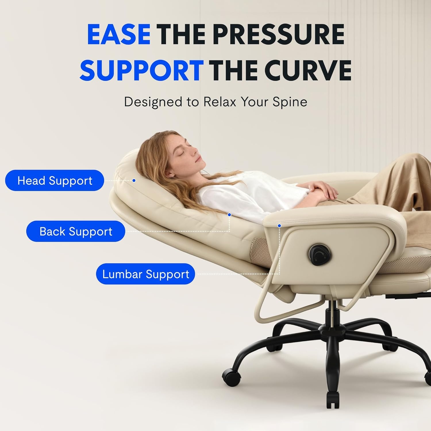 image:imageFLEXISPOT 2in1 Chaise Lounge Chair Indoor with Wheels Footrest 90165 Reclining Lumbar Support Home Office Chairs for Living Room Bedroom Study Relaxing Working PU Leather Black HC4Beige White