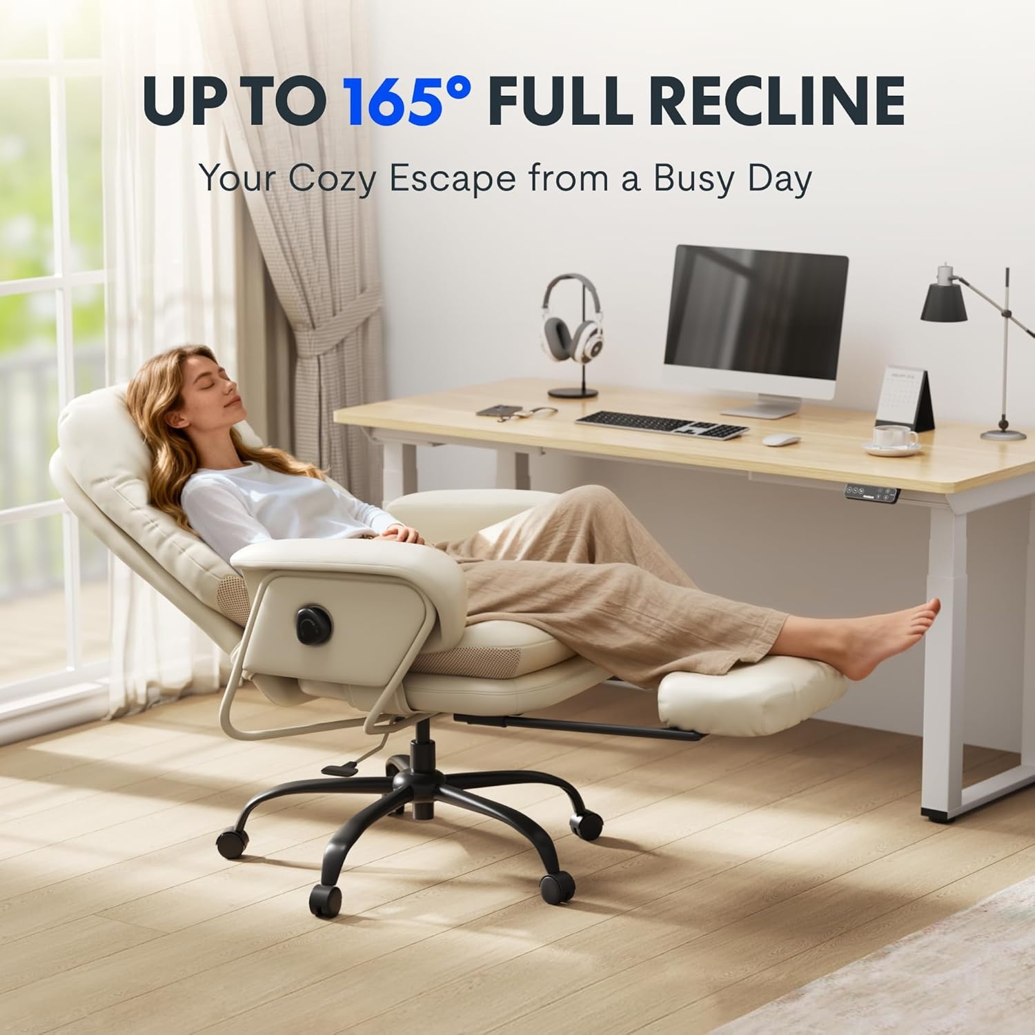 image:imageFLEXISPOT 2in1 Chaise Lounge Chair Indoor with Wheels Footrest 90165 Reclining Lumbar Support Home Office Chairs for Living Room Bedroom Study Relaxing Working PU Leather Black HC4Beige White