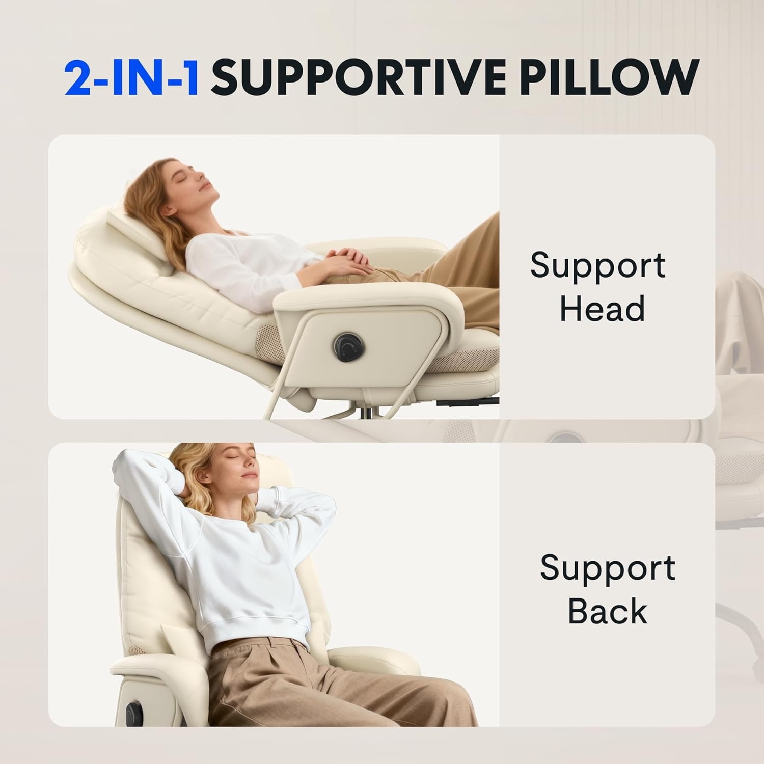 image:imageFLEXISPOT 2in1 Chaise Lounge Chair Indoor with Wheels Footrest 90165 Reclining Lumbar Support Home Office Chairs for Living Room Bedroom Study Relaxing Working PU Leather Black HC4Beige White