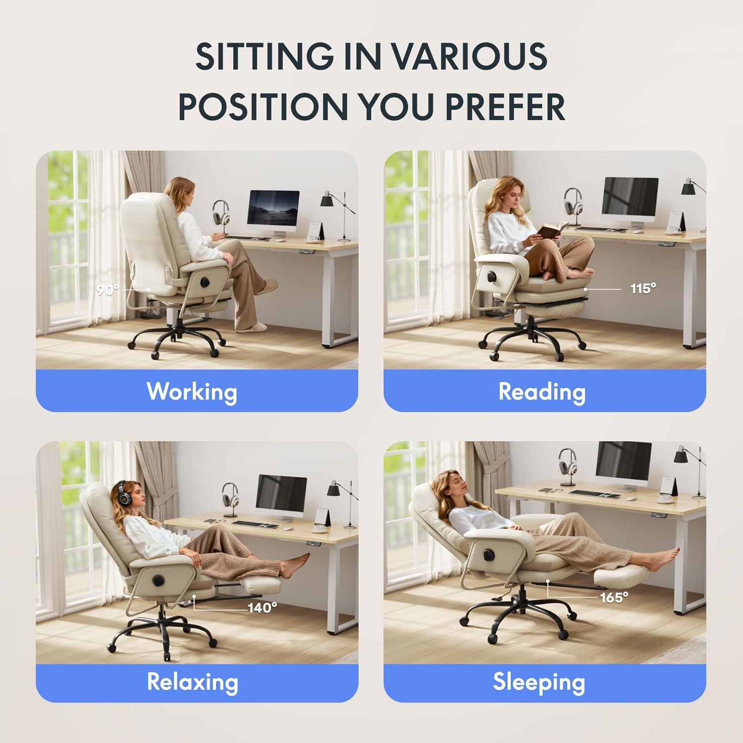 image:imageFLEXISPOT 2in1 Chaise Lounge Chair Indoor with Wheels Footrest 90165 Reclining Lumbar Support Home Office Chairs for Living Room Bedroom Study Relaxing Working PU Leather Black HC4Beige White