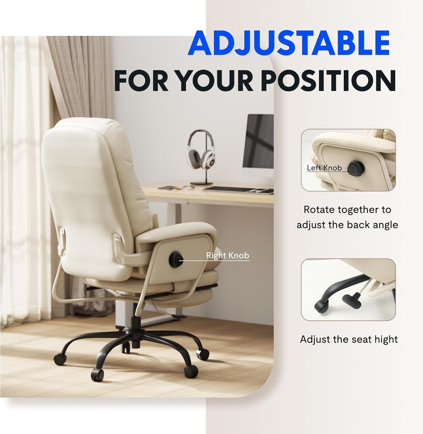 image:imageFLEXISPOT 2in1 Chaise Lounge Chair Indoor with Wheels Footrest 90165 Reclining Lumbar Support Home Office Chairs for Living Room Bedroom Study Relaxing Working PU Leather Black HC4Black