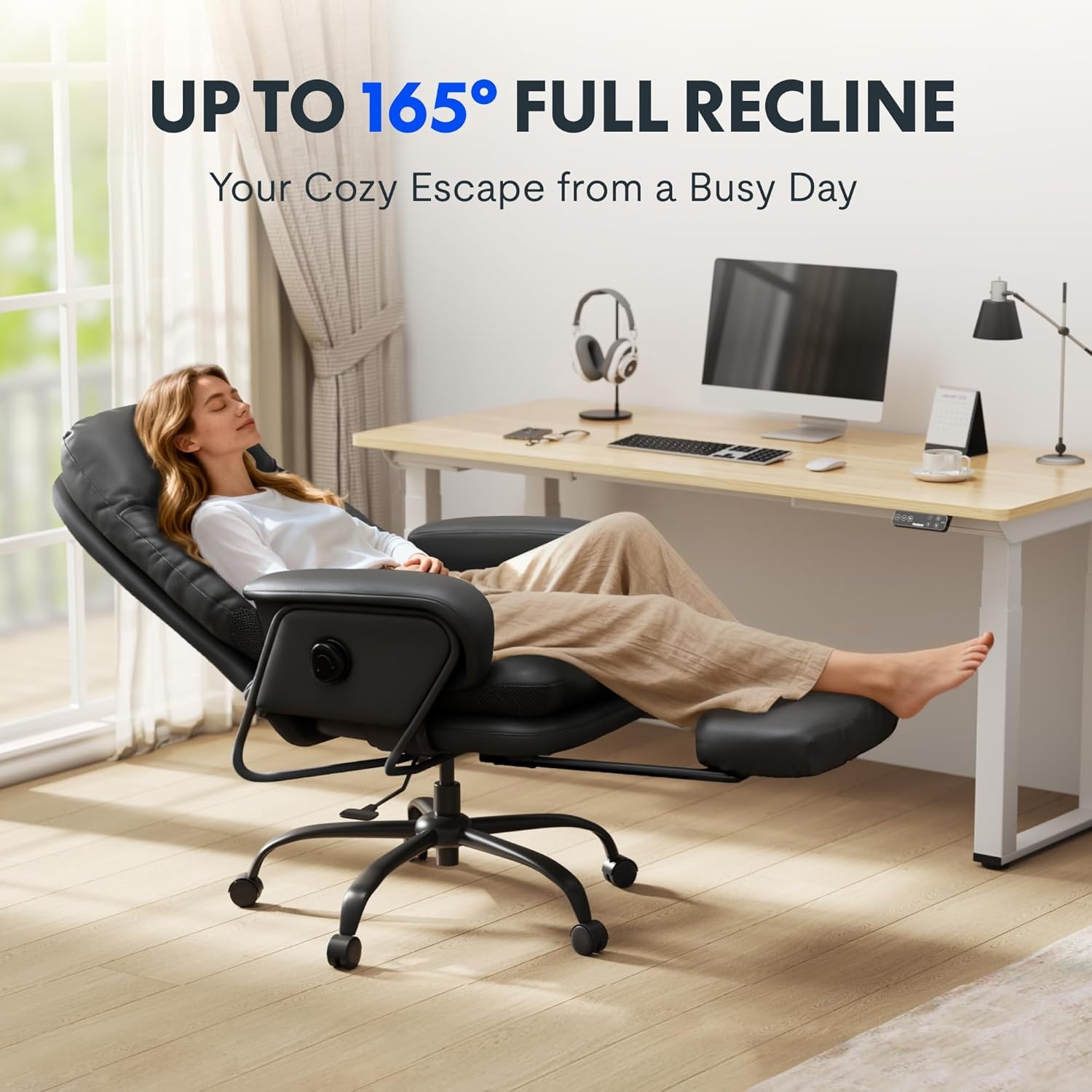 image:imageFLEXISPOT 2in1 Chaise Lounge Chair Indoor with Wheels Footrest 90165 Reclining Lumbar Support Home Office Chairs for Living Room Bedroom Study Relaxing Working PU Leather Black HC4Black