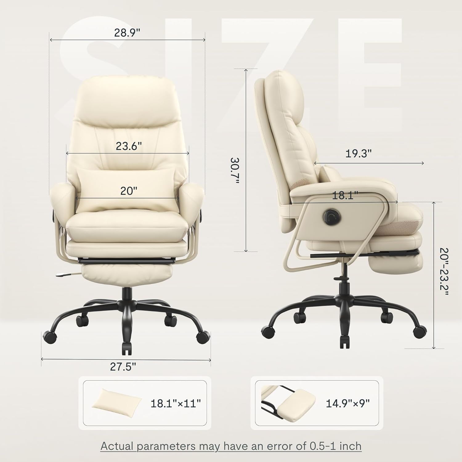 image:imageFLEXISPOT 2in1 Chaise Lounge Chair Indoor with Wheels Footrest 90165 Reclining Lumbar Support Home Office Chairs for Living Room Bedroom Study Relaxing Working PU Leather Black HC4Beige White