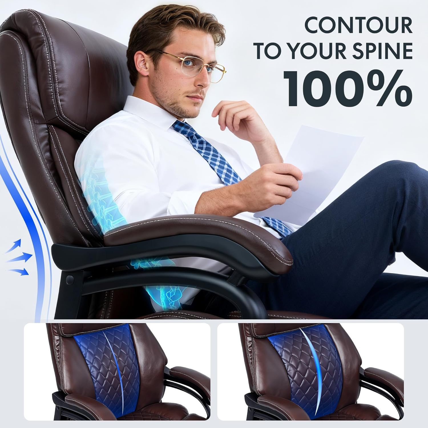 image:imageFLEXISPOT 500lbs Big and Tall Office Chair for Heavy People Heavy Duty Computer Chair with Stable Arms Adjustable Lumbar Support Metal Base Desk Chairs for Home Office Gaming Working Leather BlackBrownleather