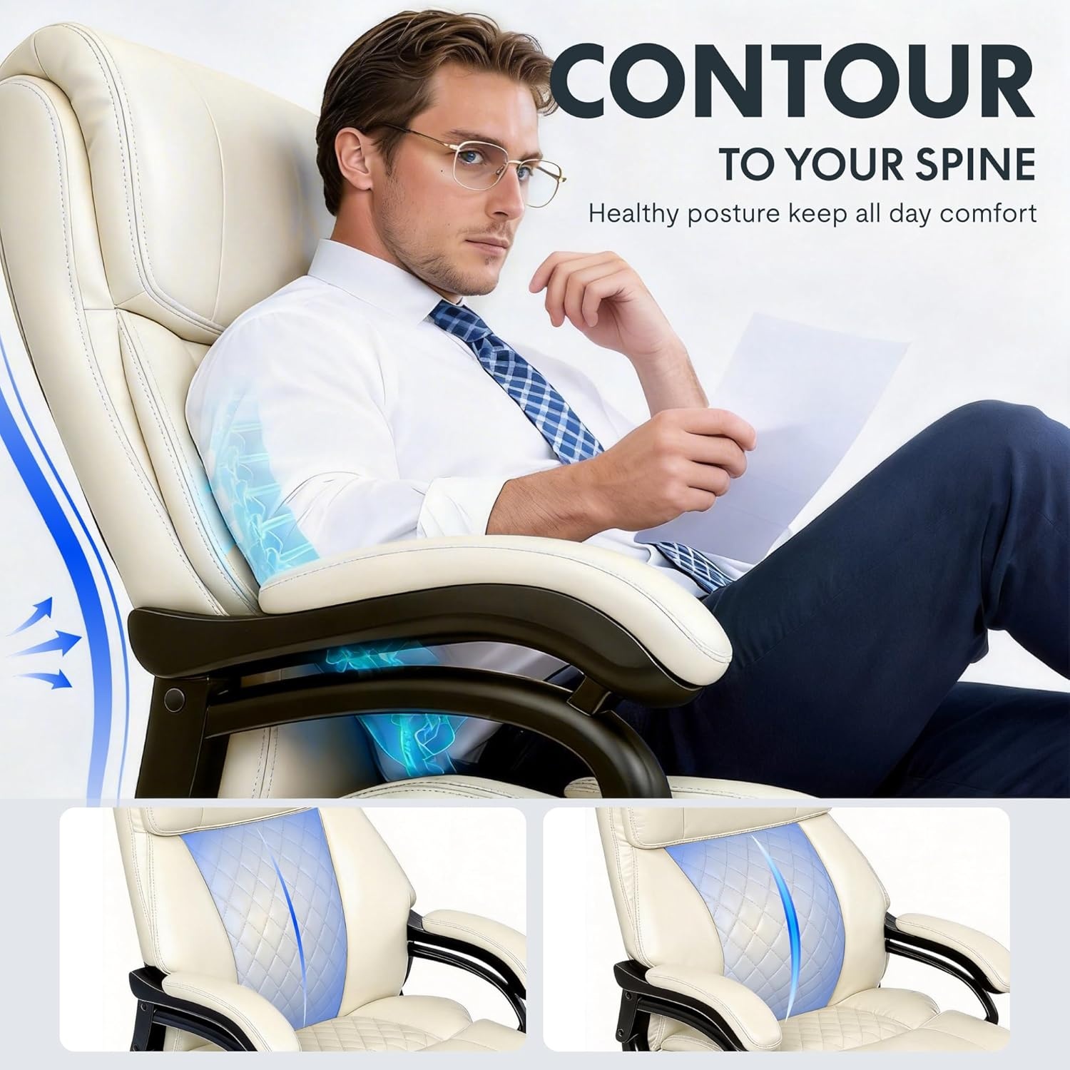image:imageFLEXISPOT 500lbs Big and Tall Office Chair for Heavy People Heavy Duty Computer Chair with Stable Arms Adjustable Lumbar Support Metal Base Desk Chairs for Home Office Gaming Working Leather BlackBeigeleather