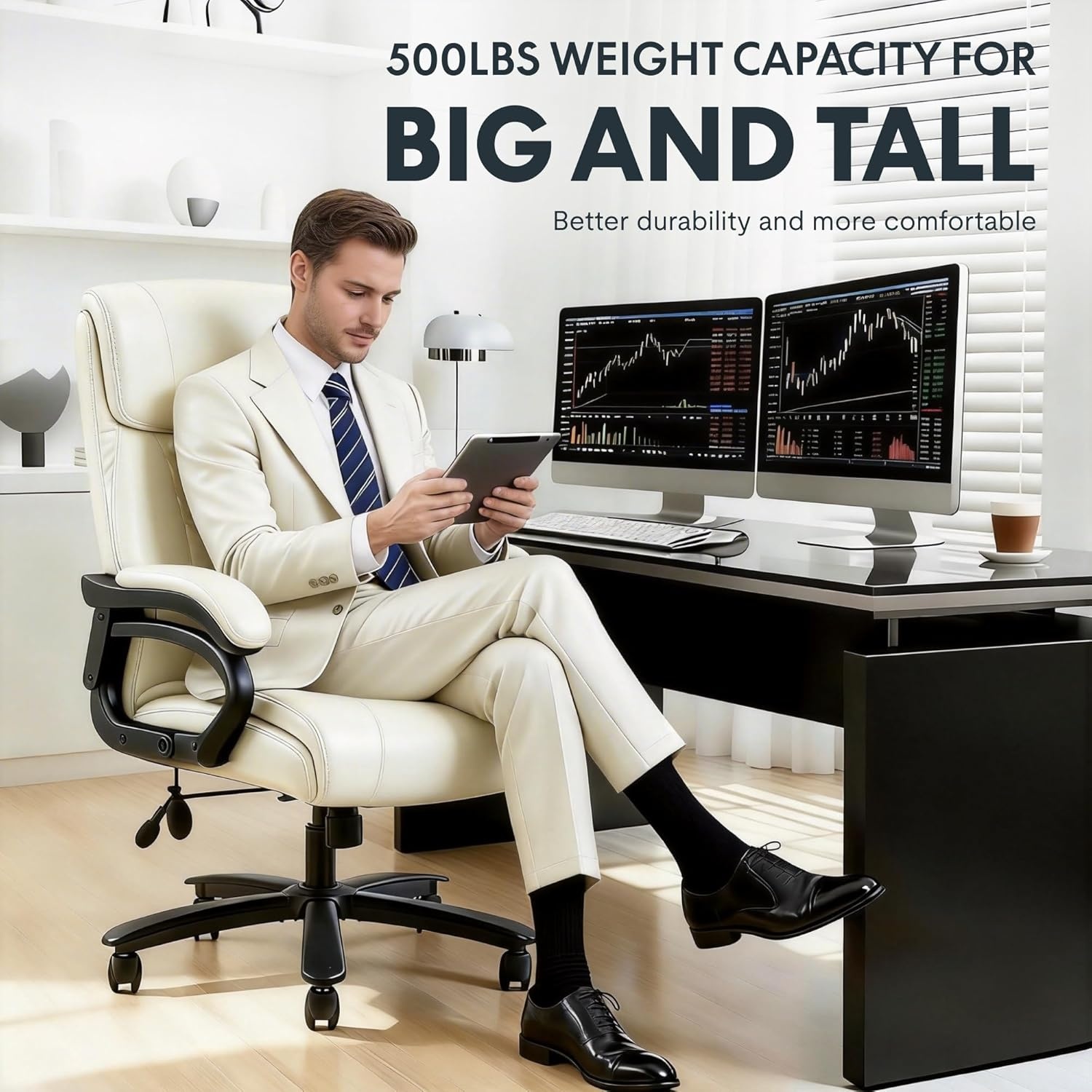 image:imageFLEXISPOT 500lbs Big and Tall Office Chair for Heavy People Heavy Duty Computer Chair with Stable Arms Adjustable Lumbar Support Metal Base Desk Chairs for Home Office Gaming Working Leather BlackBeigeleather