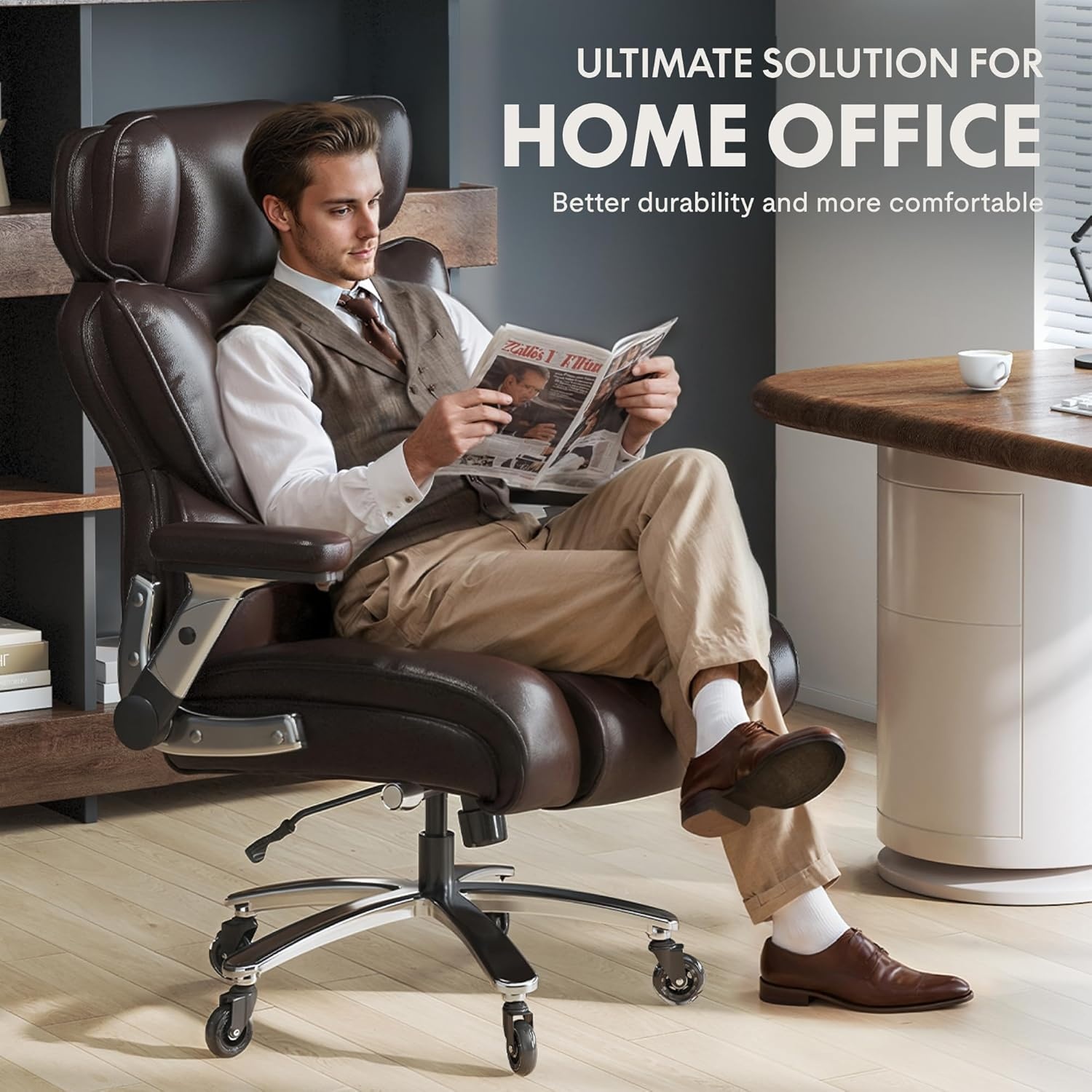 image:imageFLEXISPOT 600lbs Big and Tall Office Chair for Heavy People Heavy Duty Computer Desk Chair with Dynamic Lumbar Support 2D Armrest Blade Wheels Chairs for Home Office Gaming Working Leather BlackBrownleather