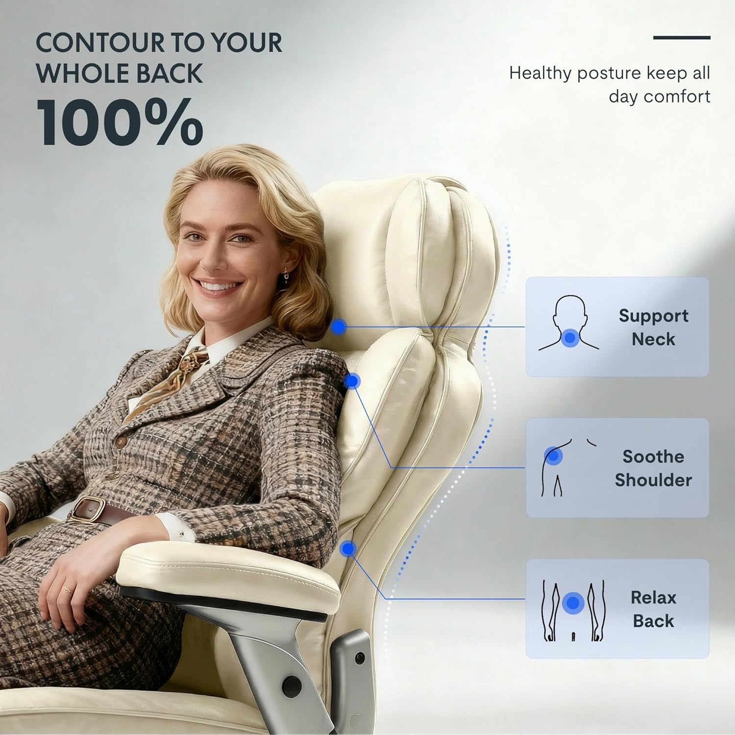 image:imageFLEXISPOT 600lbs Big and Tall Office Chair for Heavy People Heavy Duty Computer Desk Chair with Dynamic Lumbar Support 2D Armrest Blade Wheels Chairs for Home Office Gaming Working Leather BlackBeige Whiteleather