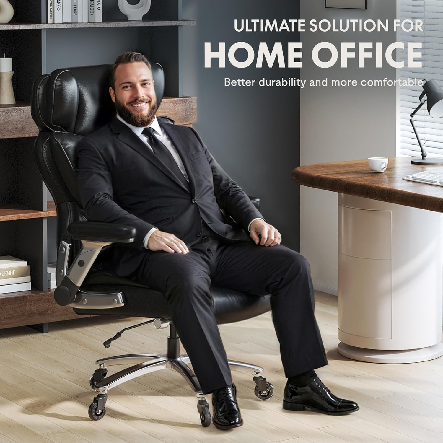 image:imageFLEXISPOT 600lbs Big and Tall Office Chair for Heavy People Heavy Duty Computer Desk Chair with Dynamic Lumbar Support 2D Armrest Blade Wheels Chairs for Home Office Gaming Working Leather BlackBlackleather