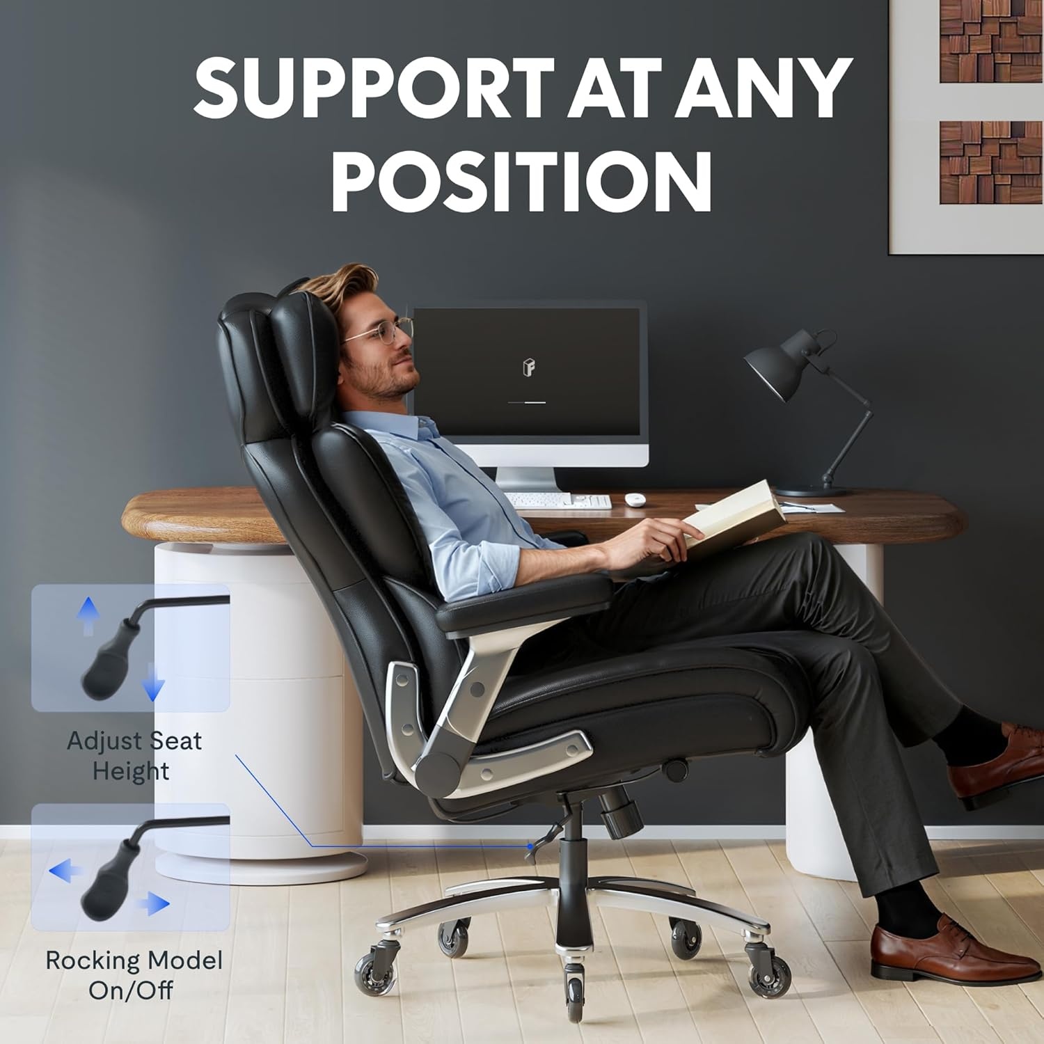 image:imageFLEXISPOT 600lbs Big and Tall Office Chair for Heavy People Heavy Duty Computer Desk Chair with Dynamic Lumbar Support 2D Armrest Blade Wheels Chairs for Home Office Gaming Working Leather BlackBlackleather