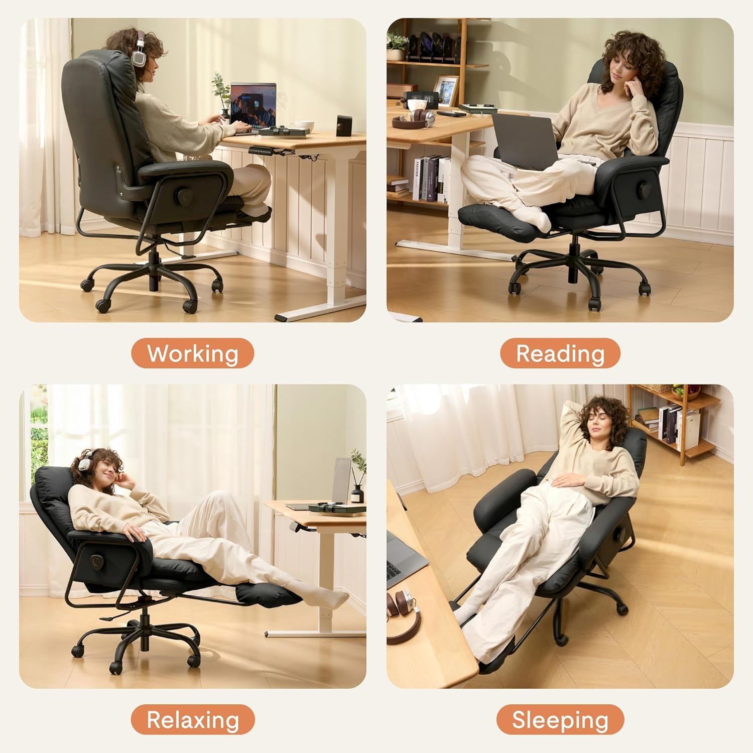 image:imageFLEXISPOT MultiTask Lounge Chair Indoor High Back Computer Chair with Footrest 90165 4Level Reclining Home Office Desk Chairs for Working Relaxing Sleeping Multi Sitting Mode PU Leather BrownBlack