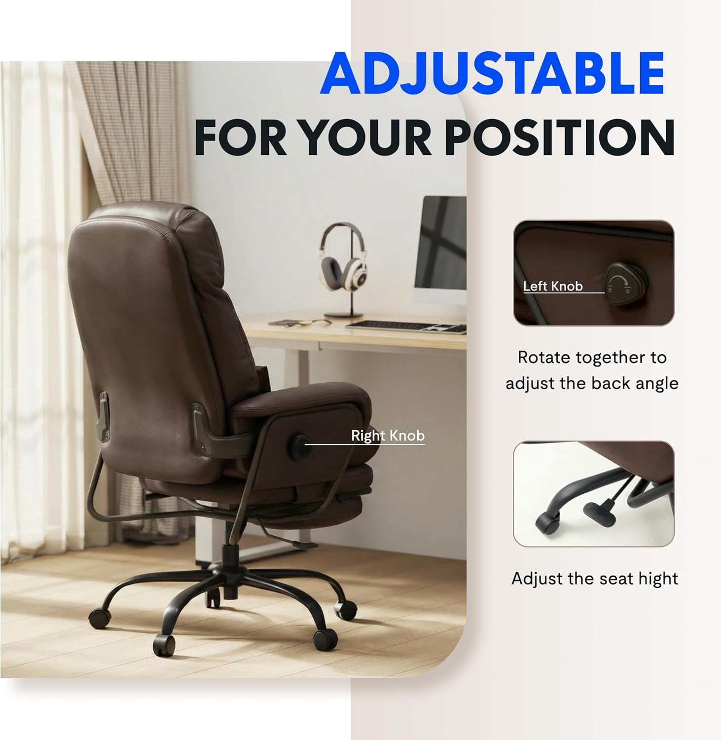 image:imageFLEXISPOT MultiTask Lounge Chair Indoor High Back Computer Chair with Footrest 90165 4Level Reclining Home Office Desk Chairs for Working Relaxing Sleeping Multi Sitting Mode PU Leather BrownBlack