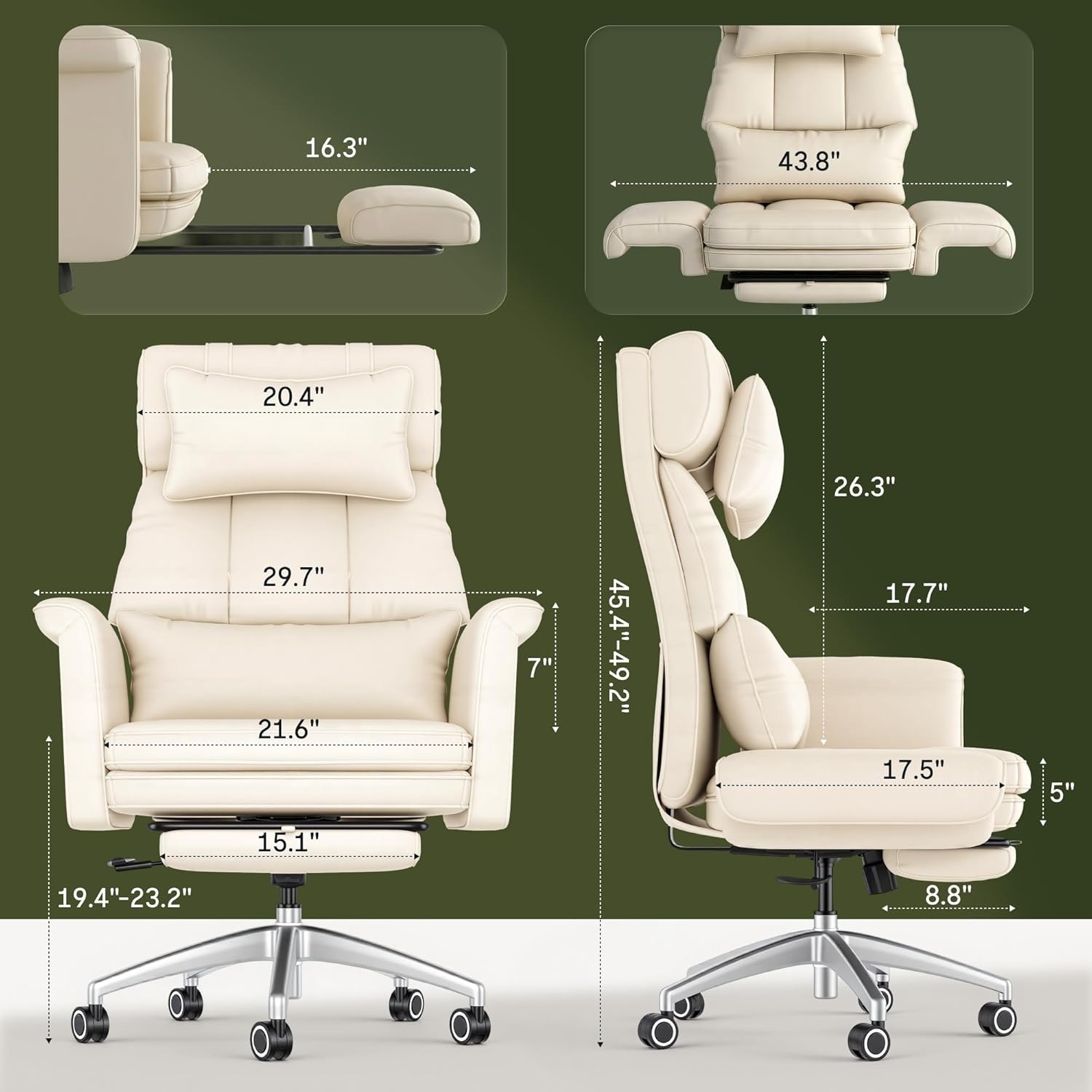 image:imageFLEXISPOT Oversized Big and Tall Office Chair 180 Flip Armrests for PetsampCross Legged Computer Desk Chair with Footrest Lounge Chairs for Home Office Gaming Working ScratchSafe Air Leather BeigeBeige Whiteleather
