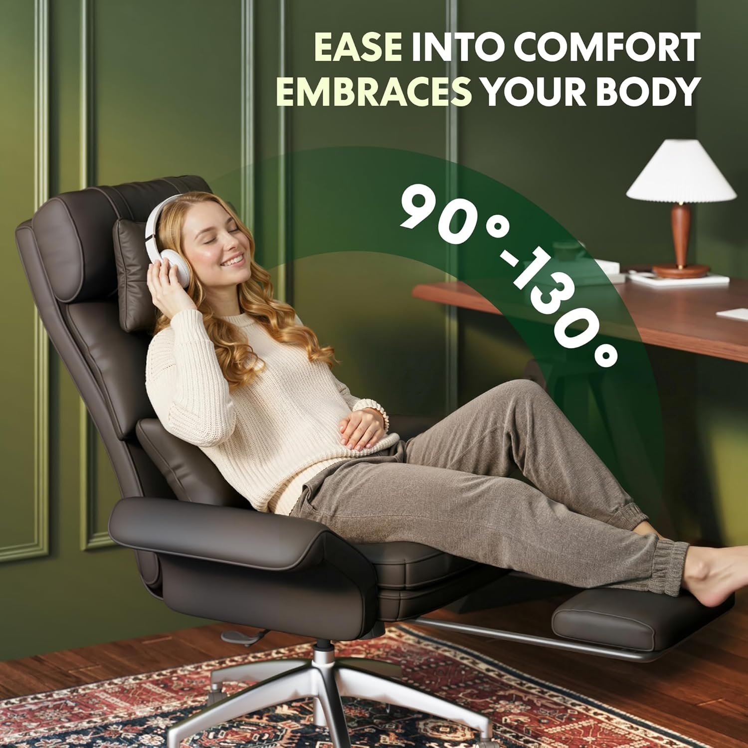 image:imageFLEXISPOT Oversized Big and Tall Office Chair 180 Flip Armrests for PetsampCross Legged Computer Desk Chair with Footrest Lounge Chairs for Home Office Gaming Working ScratchSafe Air Leather BeigeBrownleather
