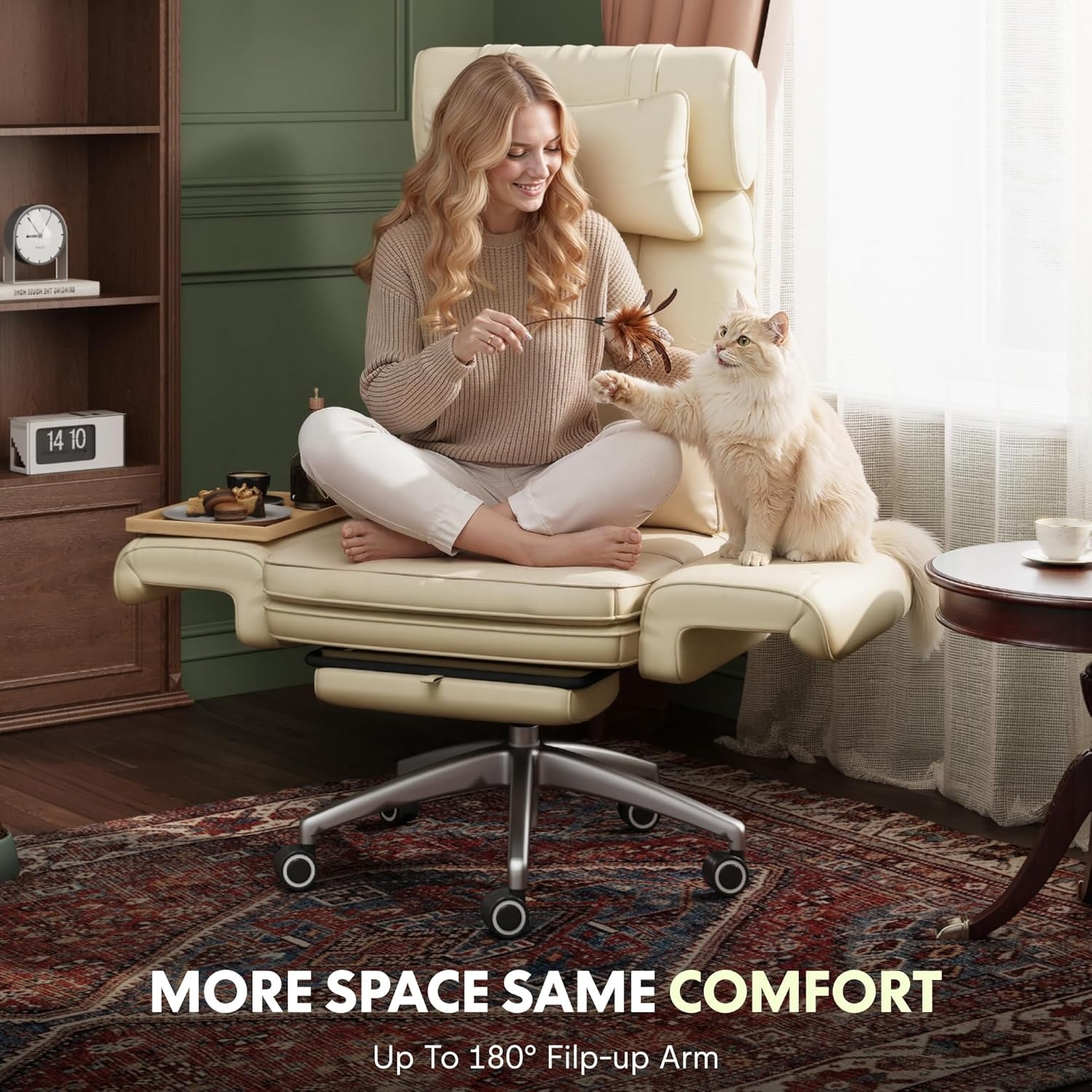 image:imageFLEXISPOT Oversized Big and Tall Office Chair 180 Flip Armrests for PetsampCross Legged Computer Desk Chair with Footrest Lounge Chairs for Home Office Gaming Working ScratchSafe Air Leather BeigeBeige Whiteleather