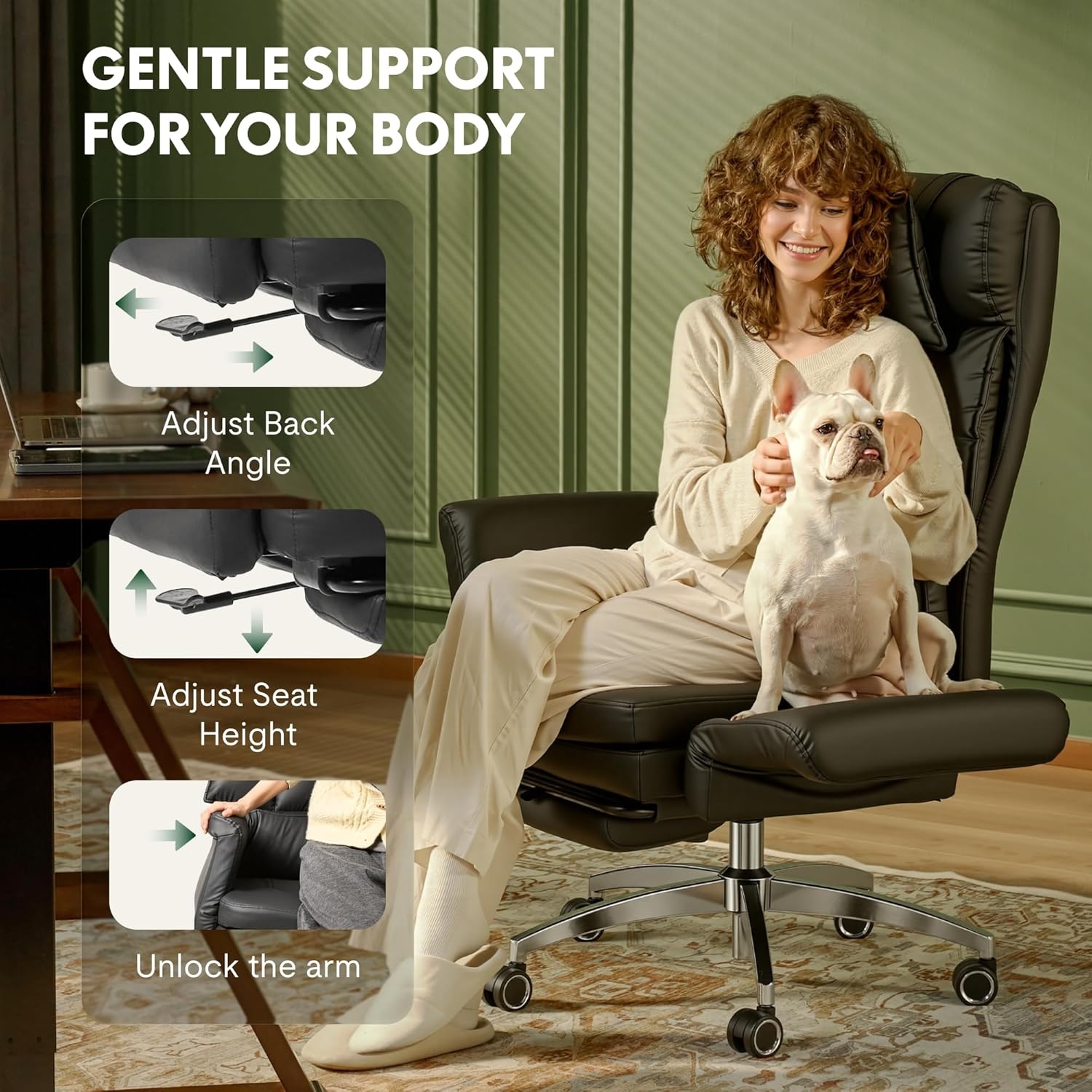 image:imageFLEXISPOT Oversized Big and Tall Office Chair 180 Flip Armrests for PetsampCross Legged Computer Desk Chair with Footrest Lounge Chairs for Home Office Gaming Working ScratchSafe Air Leather BeigeBeige Whiteleather